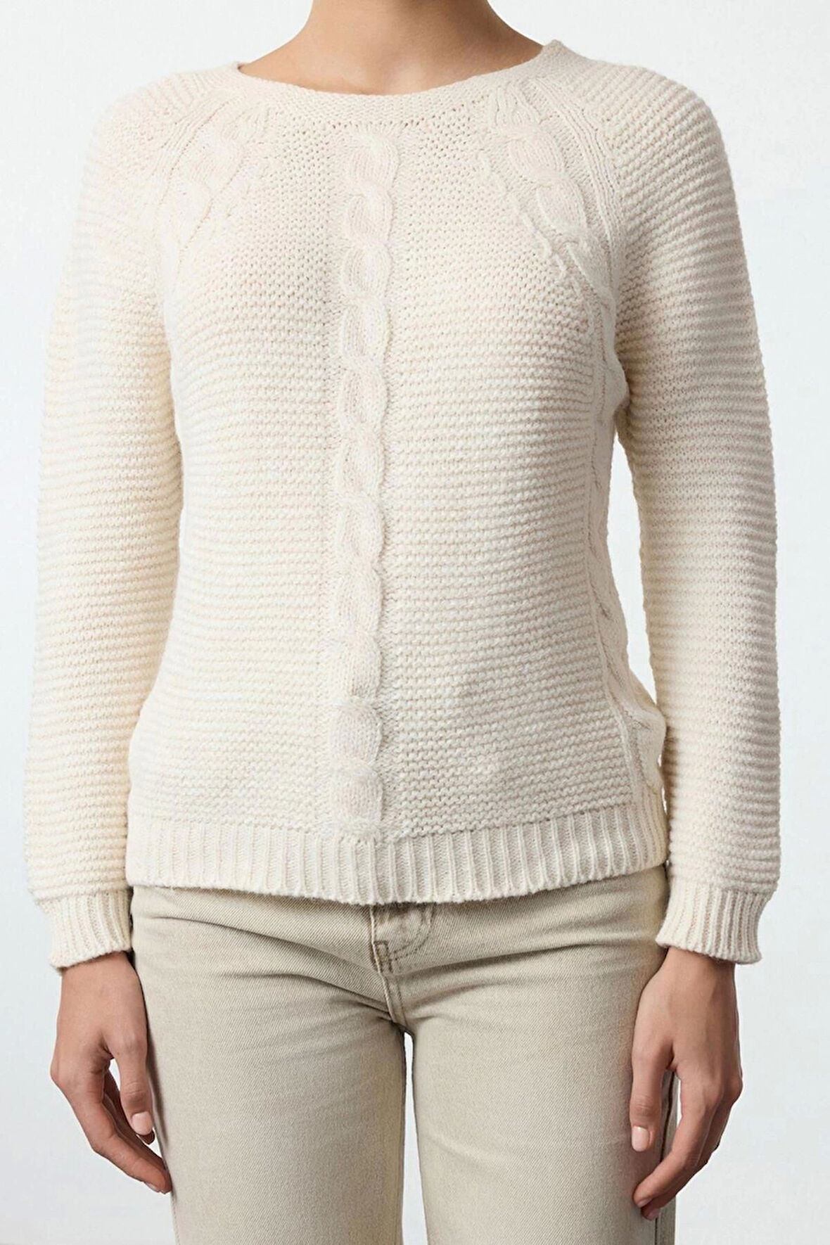 Kadın Moda Şık Bisiklet Yaka Reglan Kol Regular Yumuşak Dokulu Saç Örgülü Dikişsiz Triko Kazak