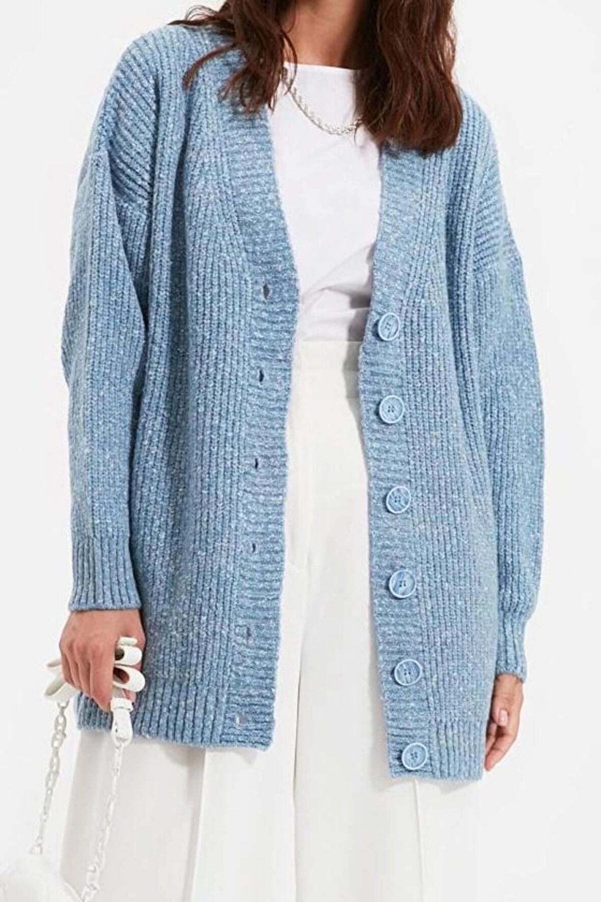 Kadın Tesettür Moda Şık Regular V Yaka Uzun Kol Düz Düğmeli Yumuşak Triko Hırka