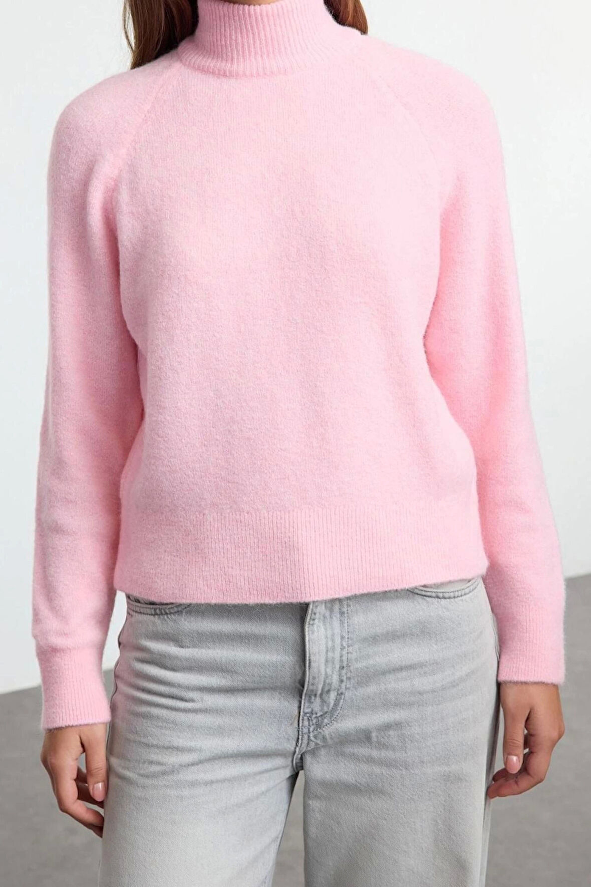 Kadın Moda Şık Dik Yaka Reglan Kol Regular Yünlü Triko Kazak