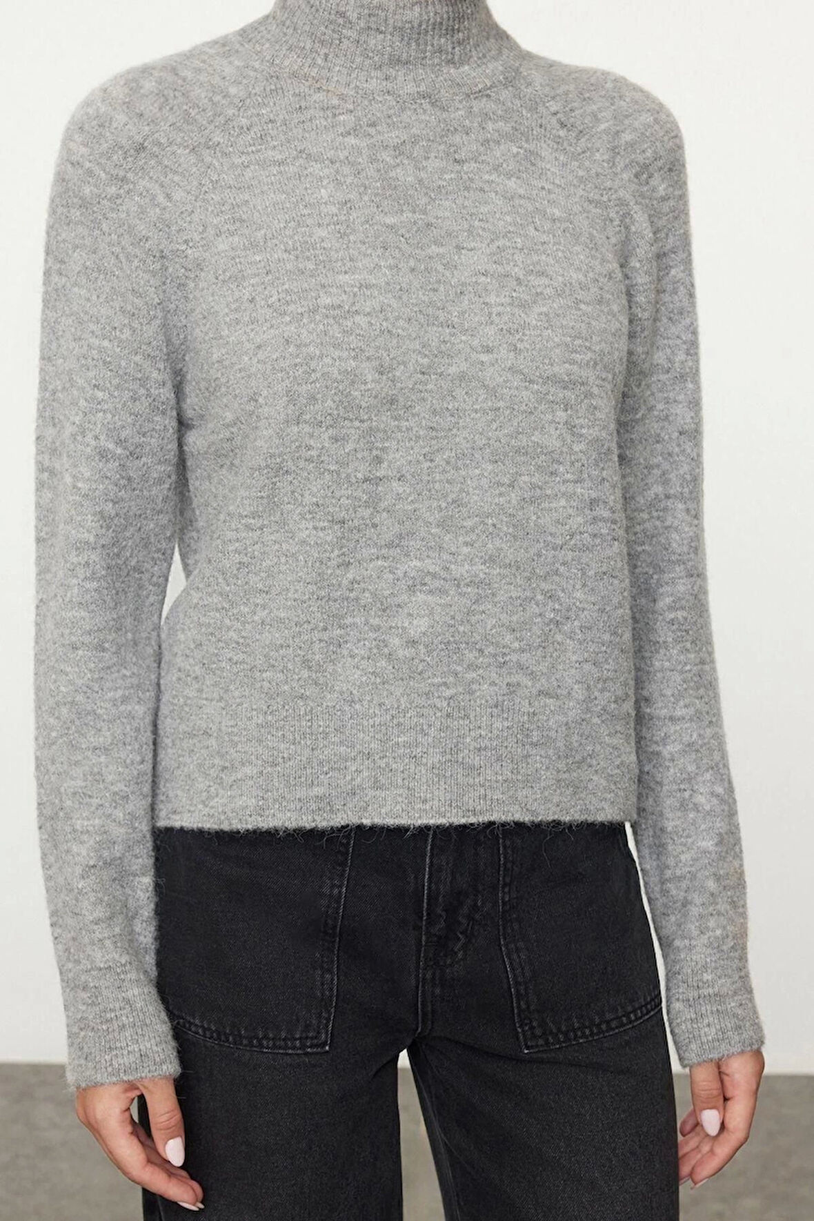 Kadın Moda Şık Dik Yaka Reglan Kol Regular Yünlü Triko Kazak