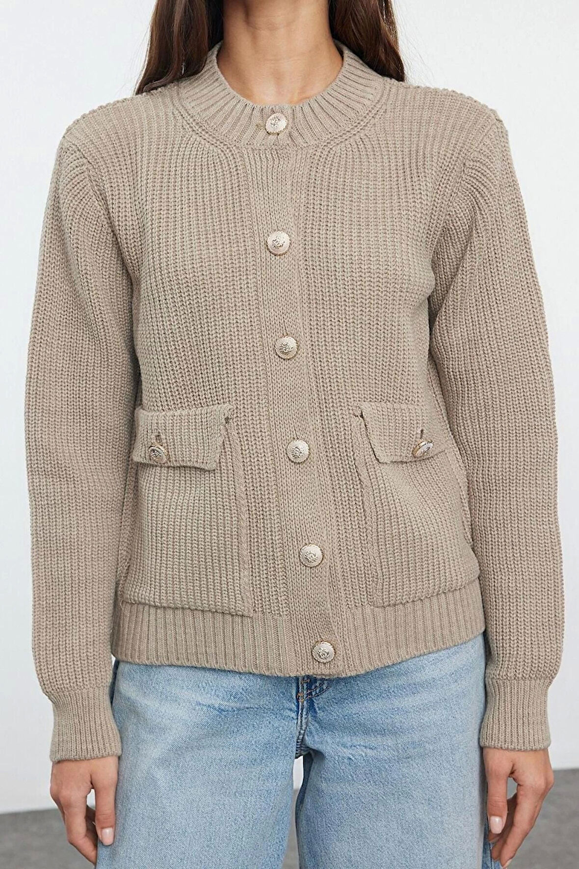 Kadın Moda Şık Regular Bisiklet Yaka Regular Ceket Görünümlü Triko Hırka