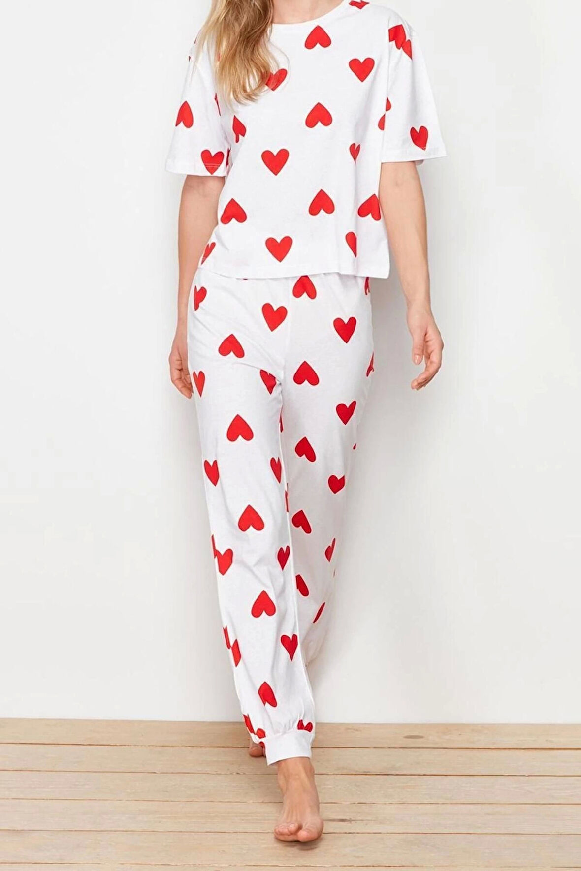 Kadın %100 Pamuk Bisiklet Yaka Kısa Kol 100% Pamuk Kalpli Örme Pijama Takımı