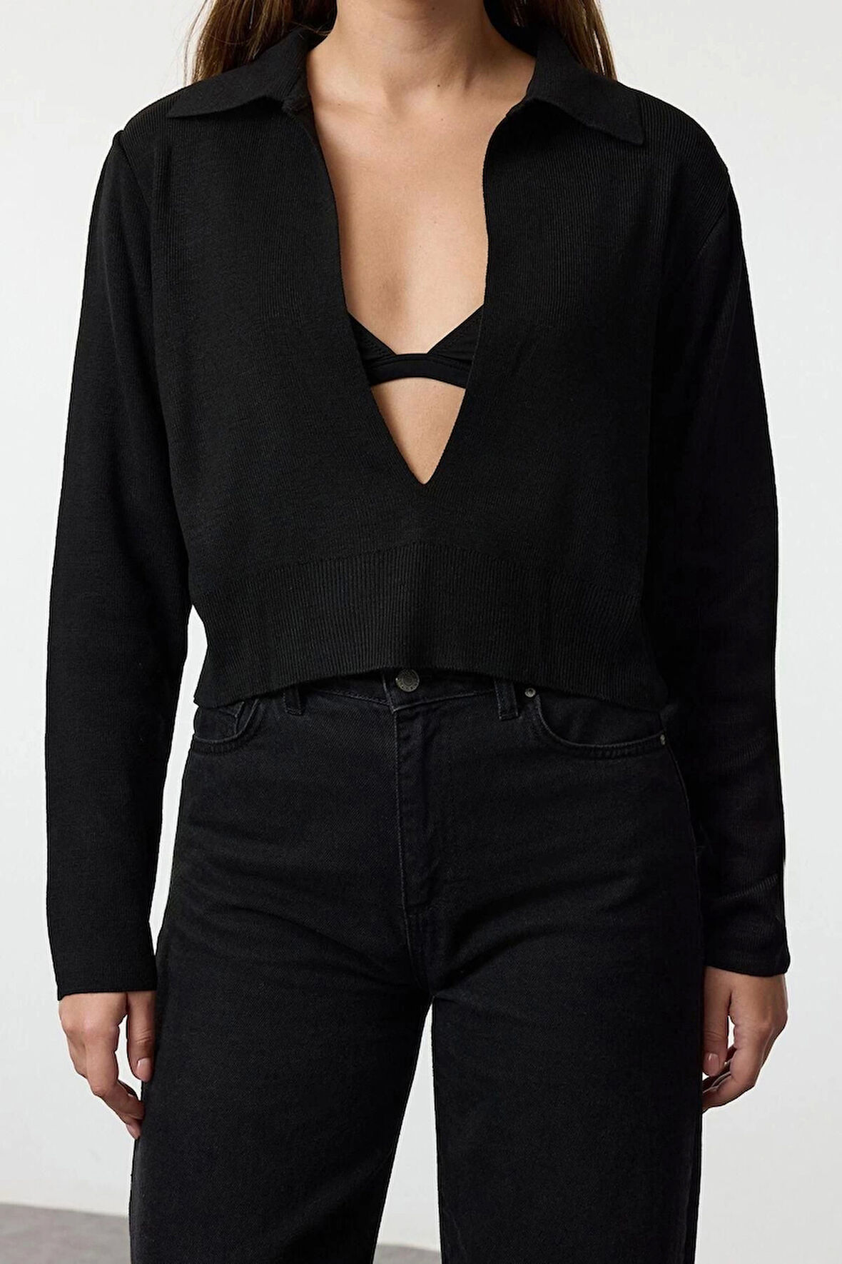 Kadın Moda Şık Polo Yaka Standart Kol Crop İnce Triko Kazak