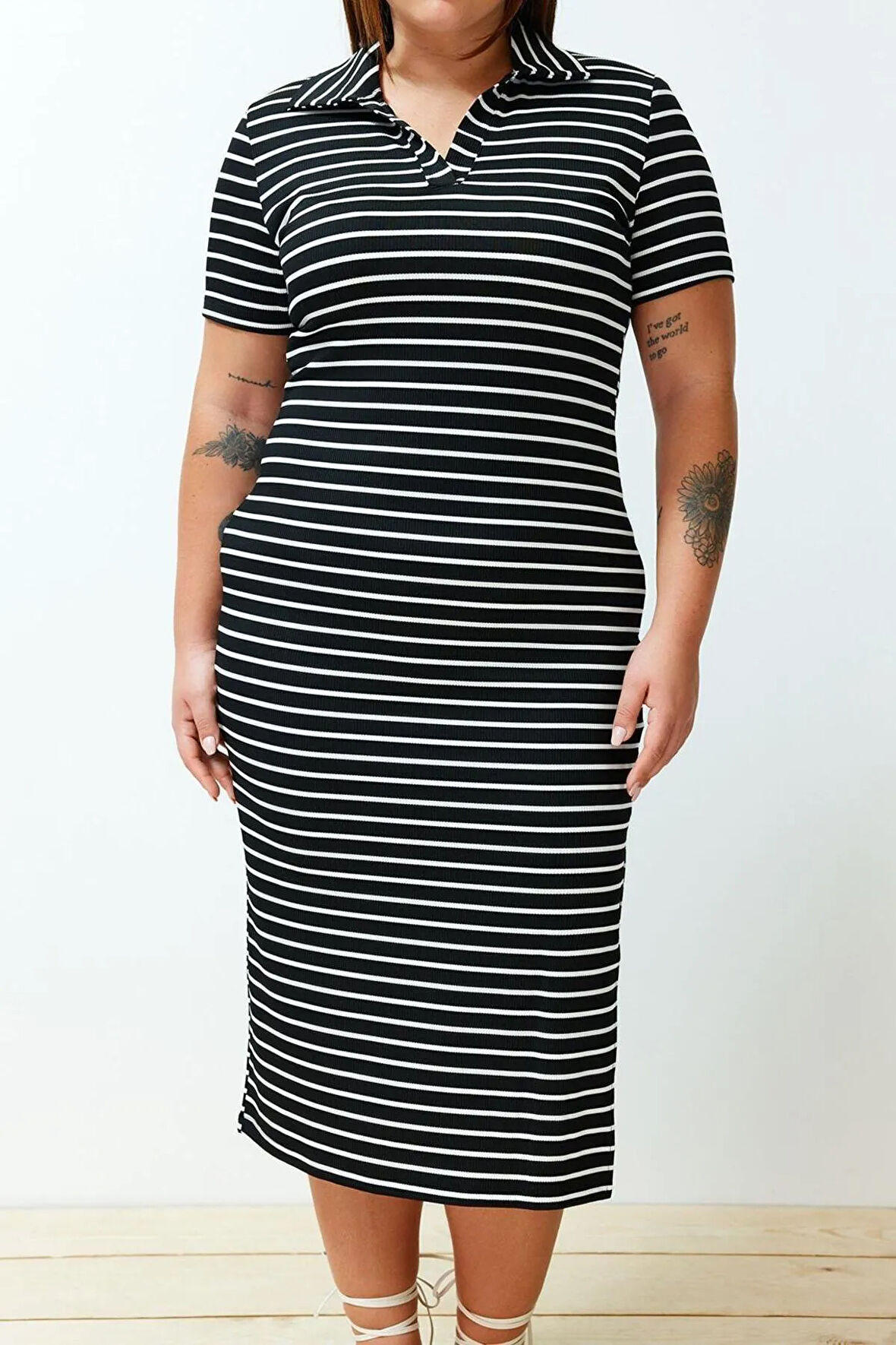 Yeni Slim Casual Günlük Kaşkorse Örme Polo Yaka Kısa Kol Shift Midi Boy Büyük Beden Elbise