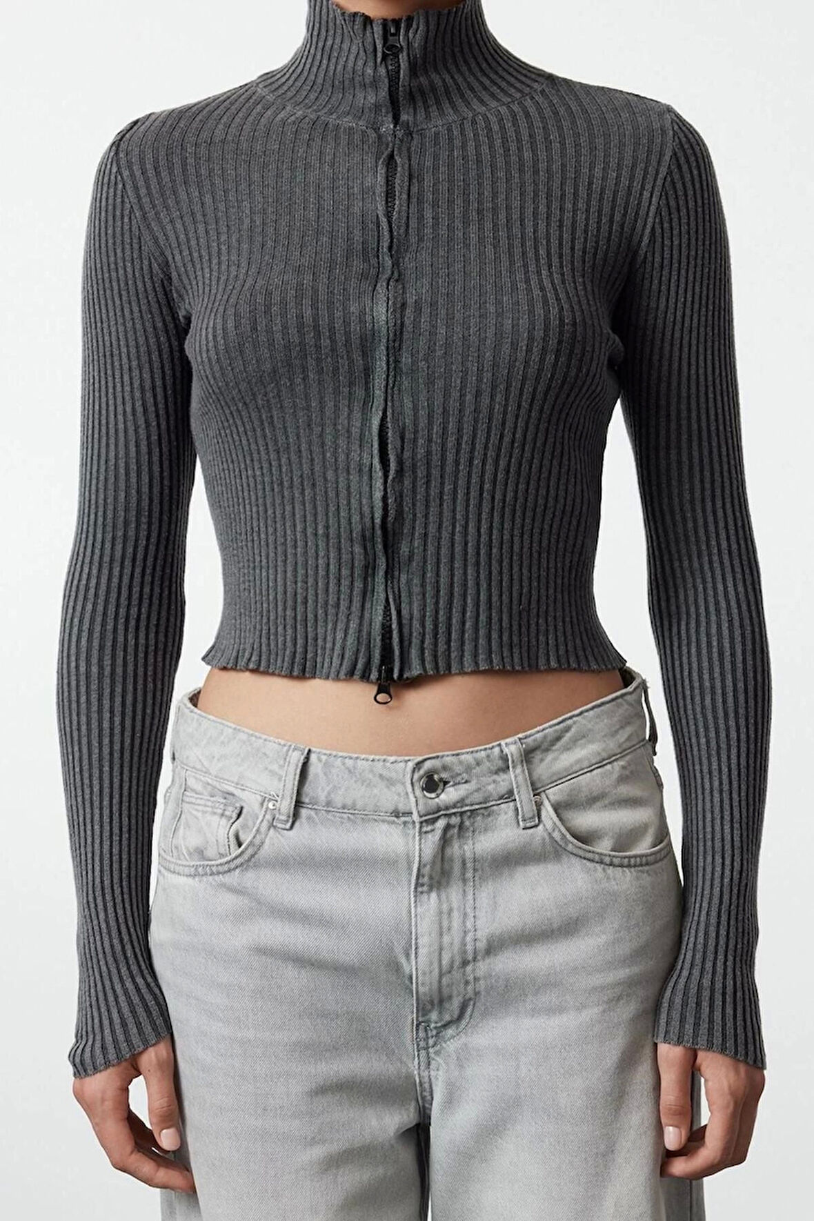 Kadın Moda Şık Crop Dik Yaka Slim Crop %100 Pamuk Yıkama Efektli Triko Hırka
