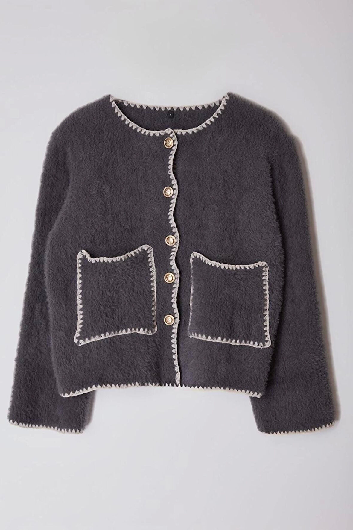 Kadın Moda Şık Regular Bisiklet Yaka Regular Tüylü Yumuşak Dokulu Ceket Görünümlü Triko Hırka