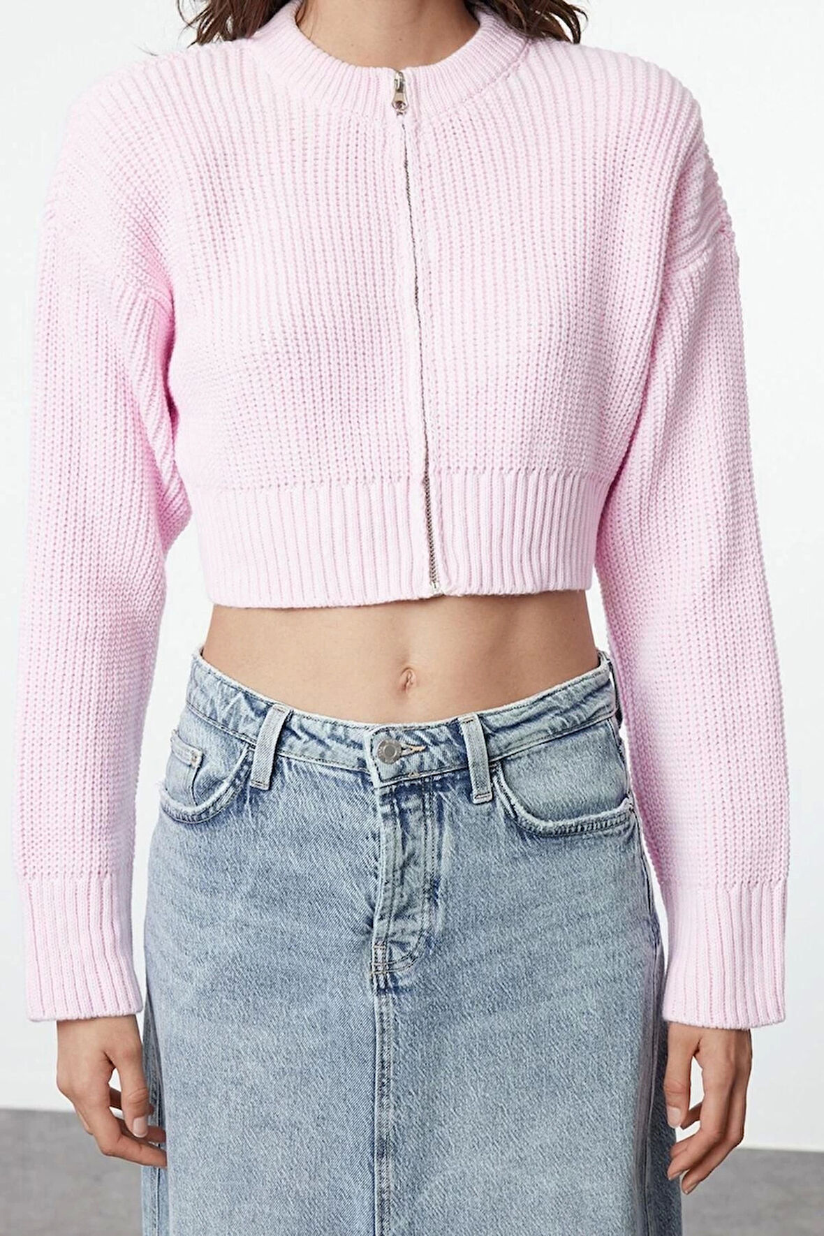 Kadın Moda Şık Crop Bisiklet Yaka Regular Crop Vatka Detaylı Triko Hırka