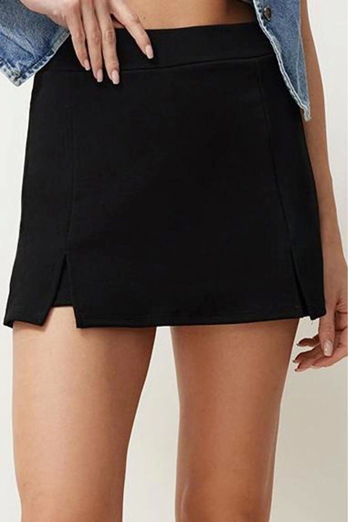 Kadın Moda Stil Mini Astarsız Örme Yırtmaçlı Esnek Mini Etek