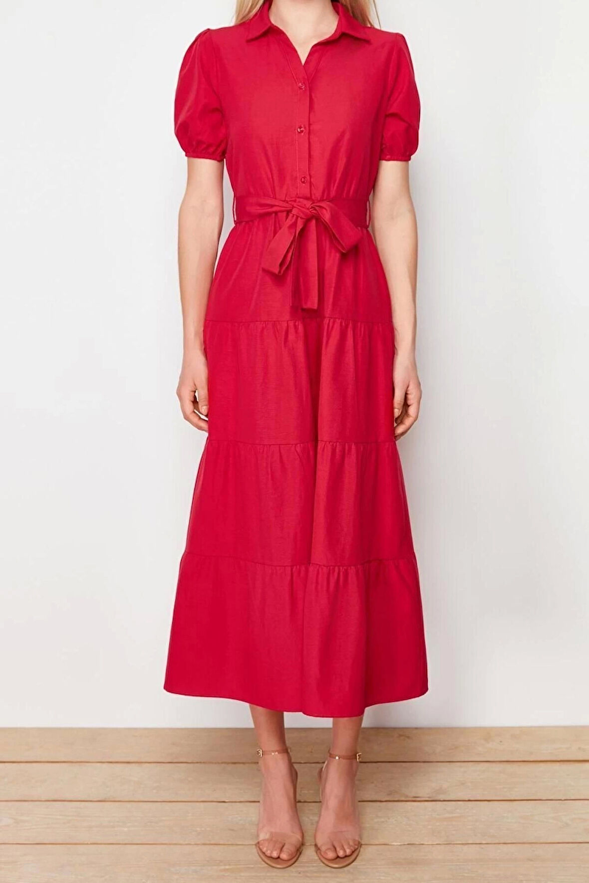 Yeni Regular Casual Günlük Terrycotton Dokuma Gömlek Yaka Kısa Kol Skater Maxi Boy Elbise