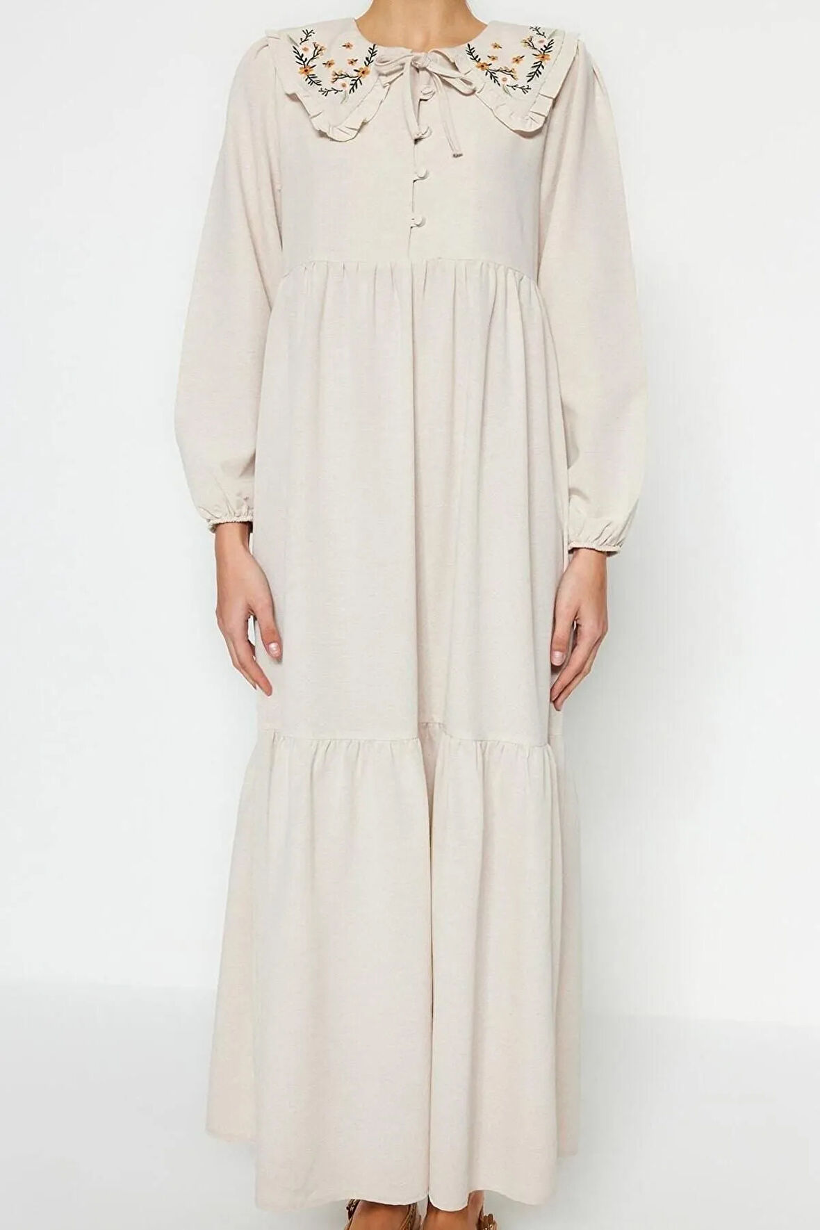 Yeni Regular Casual Günlük Keten Görünümlü Dokuma Bebe Yaka Uzun Kol Basic Maxi Boy Tesettür Elbise