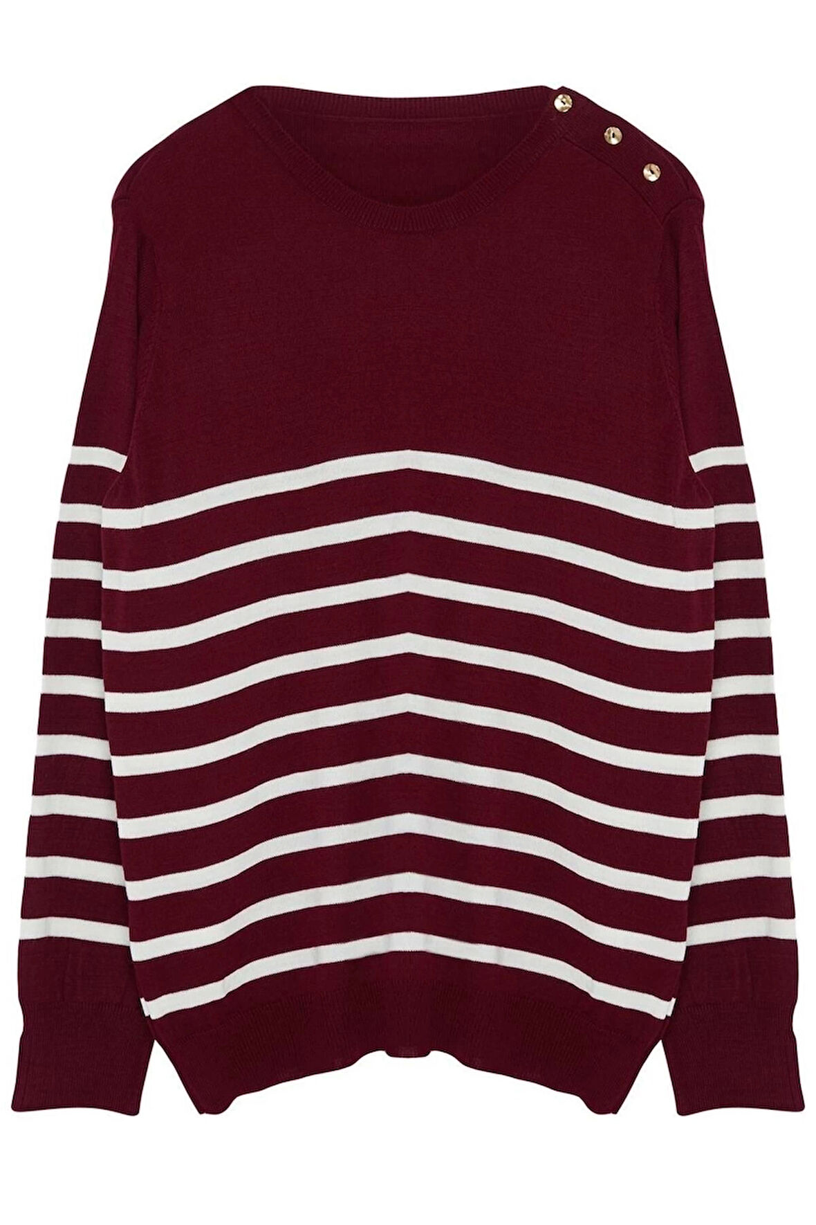 Kadın Büyük Beden Moda Şık Regular Bisiklet Yaka Uzun Kol Çizgili Triko Kazak