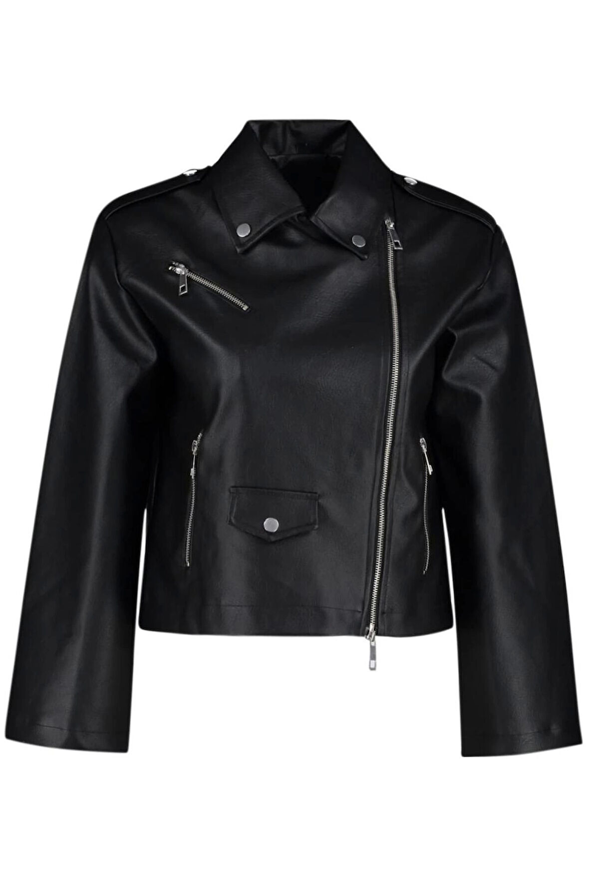 Kadın Moda Şık Regular Kruvaze Yaka Standart Düz Astarlı Regular Suni Deri Biker Ceket Mont