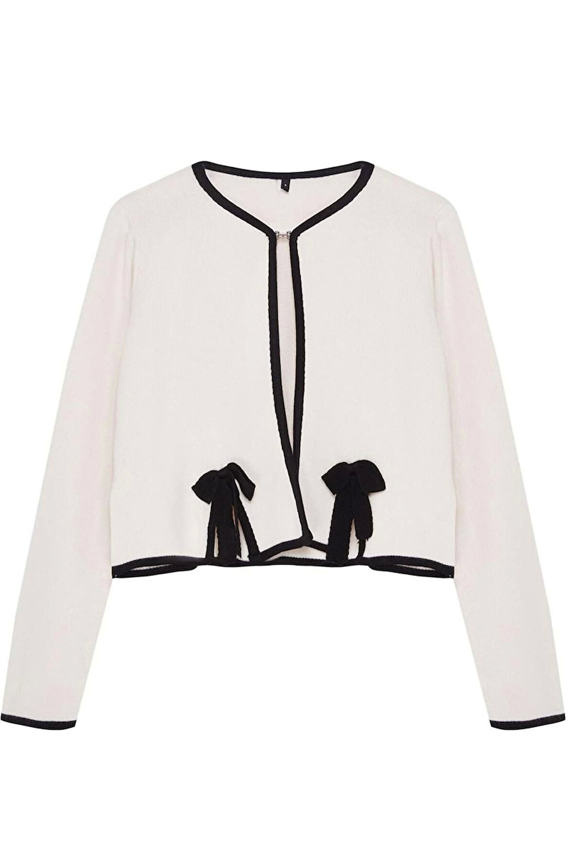 Kadın Moda Şık Crop Bisiklet Yaka Regular Kurdele Fiyonk Detaylı Crop Ceket Görünümlü Triko Hırka