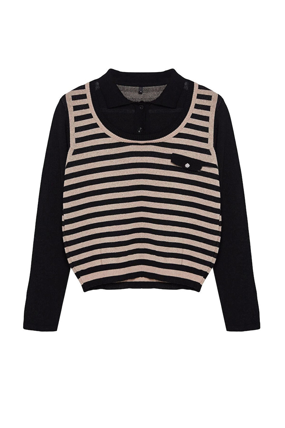 Kadın Moda Şık Polo Yaka Standart Kol Regular Çizgili Dokuma Garnilli Triko Kazak