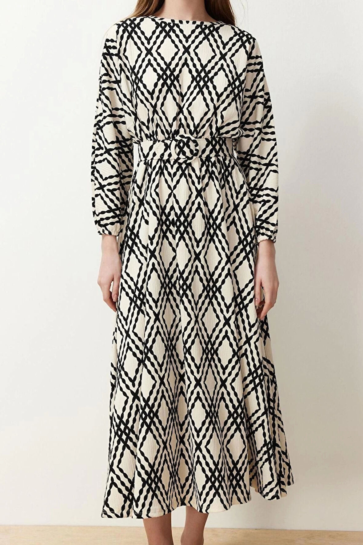 Yeni Regular Casual Günlük Crinkle Dokuma Bisiklet Yaka Uzun Kol Skater Maxi Boy Tesettür Elbise