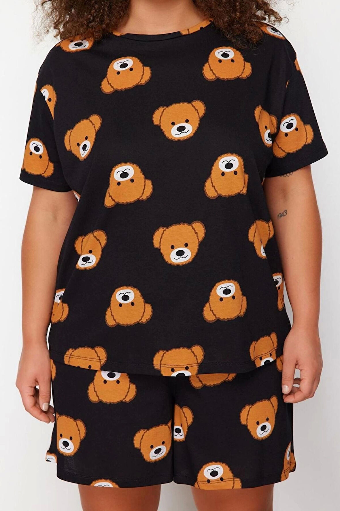 Kadın Moda Büyük Beden Bisiklet Yaka Geniş Paça Kısa Kol Ayıcık Baskılı Pamuklu Örme Pijama Takımı
