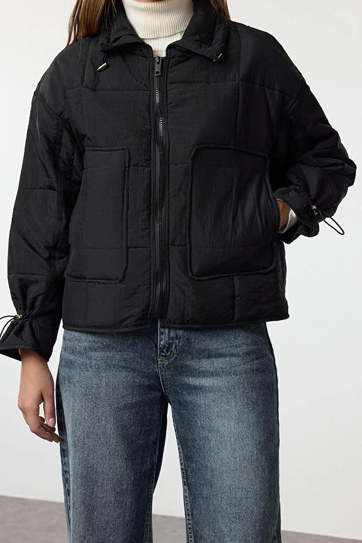 Kadın Moda Şık Oversize Dik Yaka Standart Düz Astarlı Oversize Su İtici Kapitone Şişme Mont