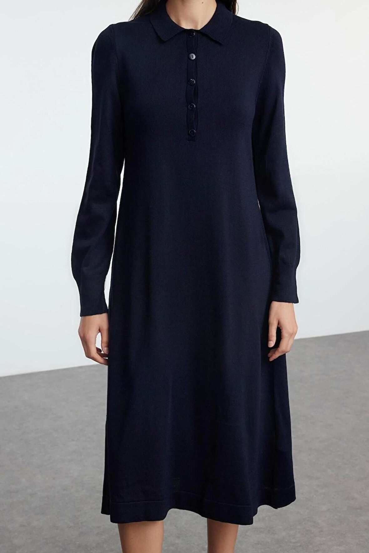Kadın Moda Şık Midi Boy Polo Yaka Regular Triko Elbise