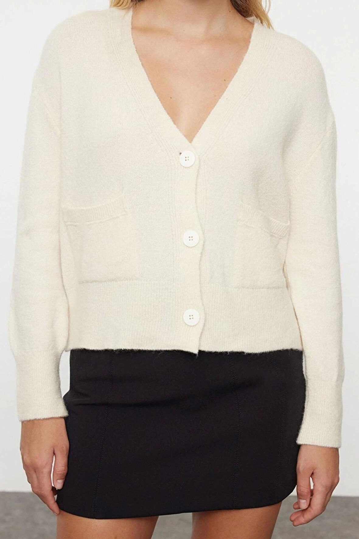 Kadın Moda Şık Crop V Yaka Regular Yünlü Basic Crop Triko Hırka