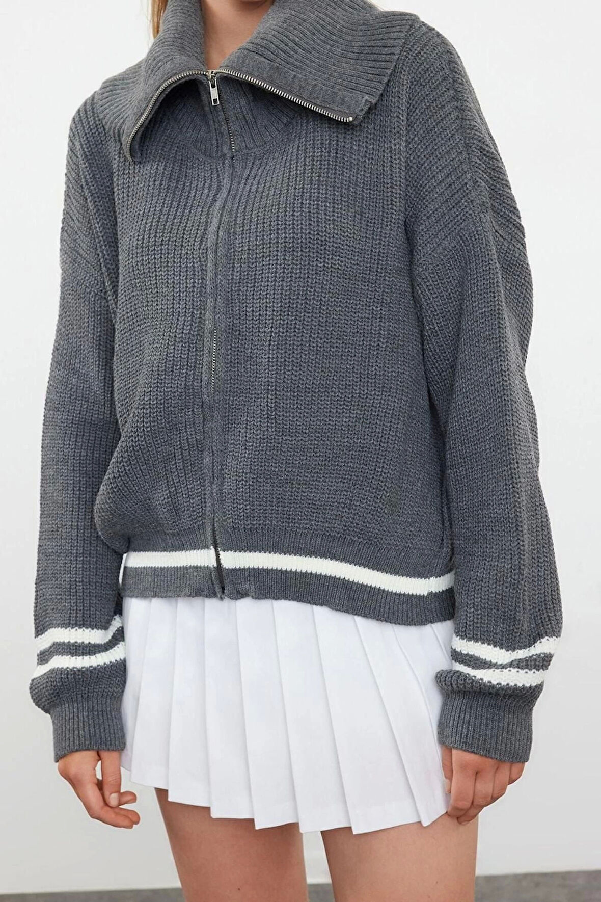 Kadın Moda Şık Regular Devrik Yaka Regular Çizgili Devrik Yaka Triko Hırka