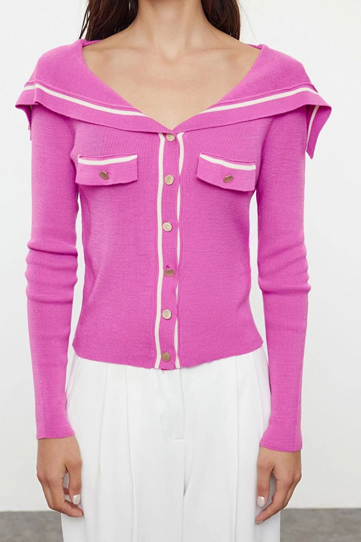 Kadın Moda Şık Regular Devrik Yaka Slim Renk Bloklu Devrik Yaka Triko Hırka