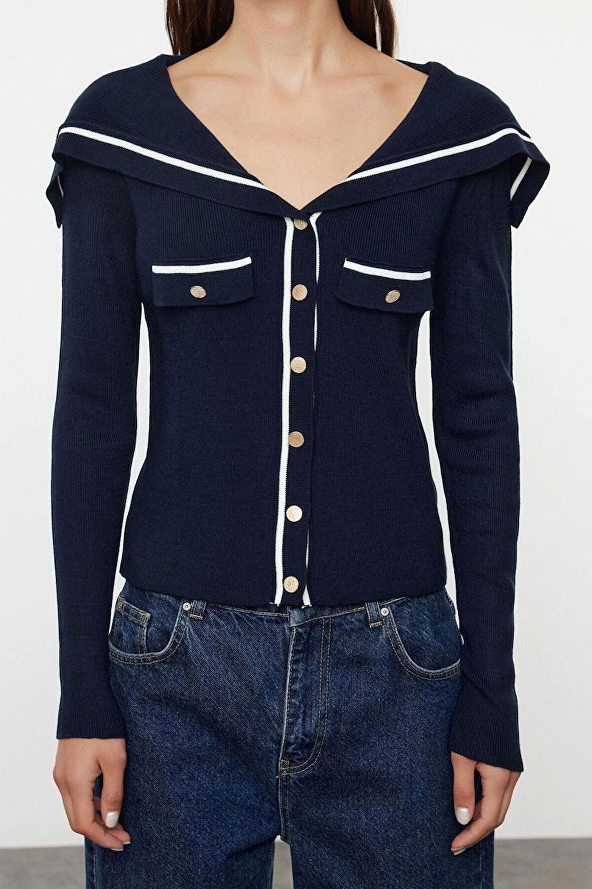 Kadın Moda Şık Regular Devrik Yaka Slim Renk Bloklu Devrik Yaka Triko Hırka