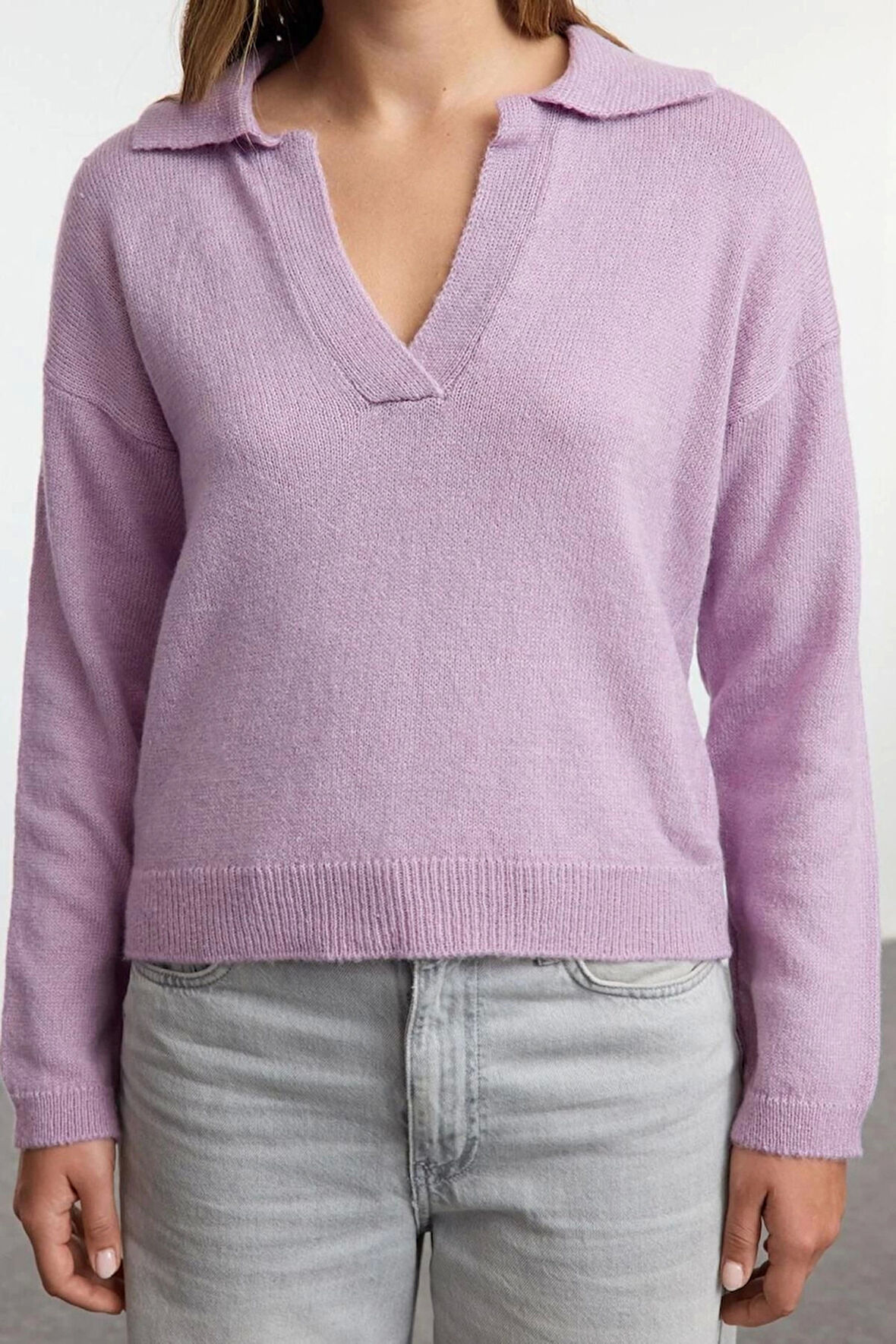 Kadın Moda Şık Polo Yaka Standart Kol Regular Geniş Kalıp Yumuşak Dokulu Basic Triko Kazak