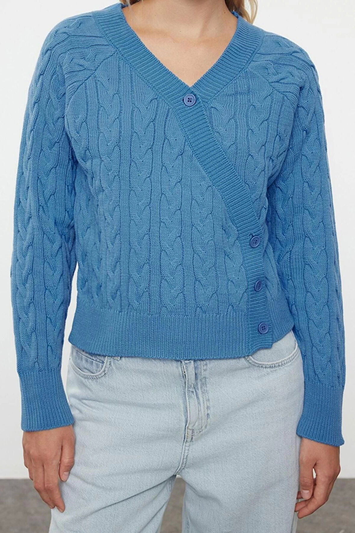 Kadın Moda Şık Regular Kruvaze Regular Asimetrik Düğme Detaylı Triko Hırka