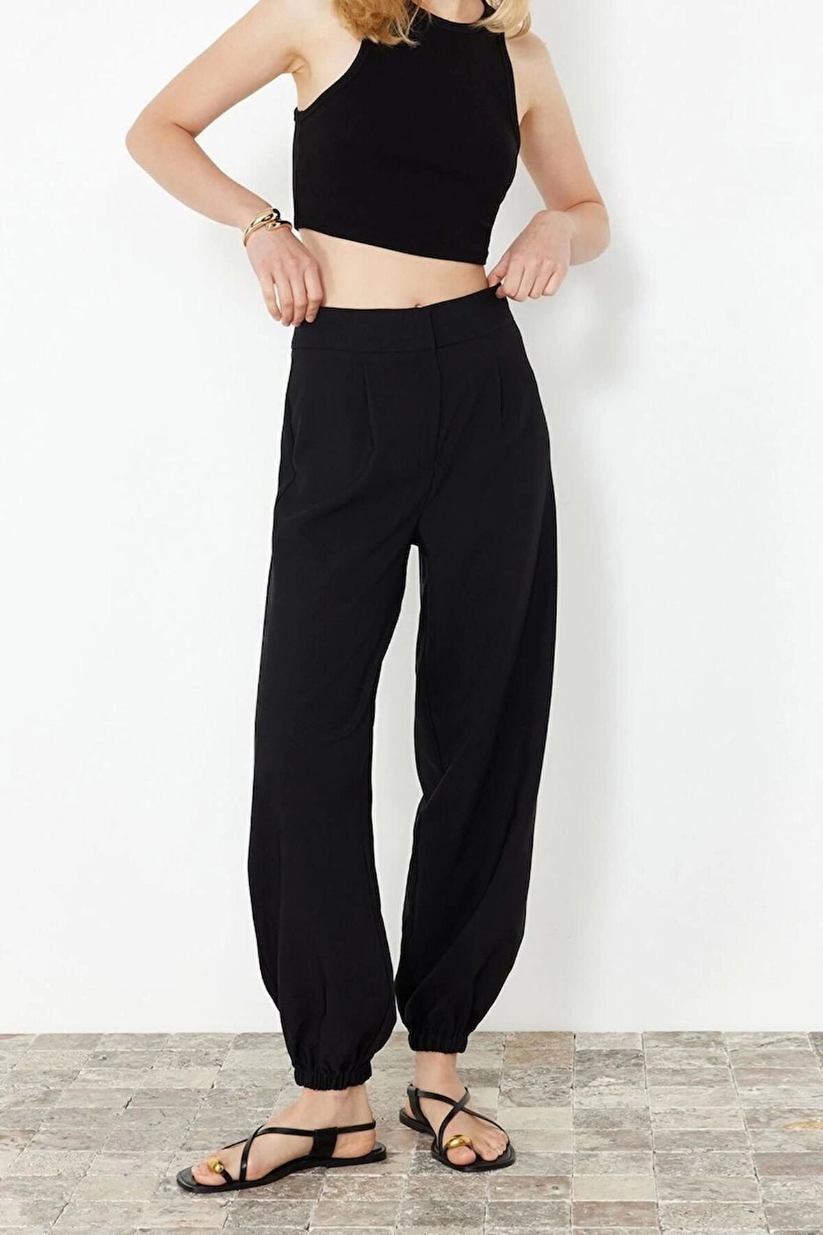 Kadın Yeni Moda Dar Paça Regular Boy Dokuma Jogger Şalvar Fit Pantolon