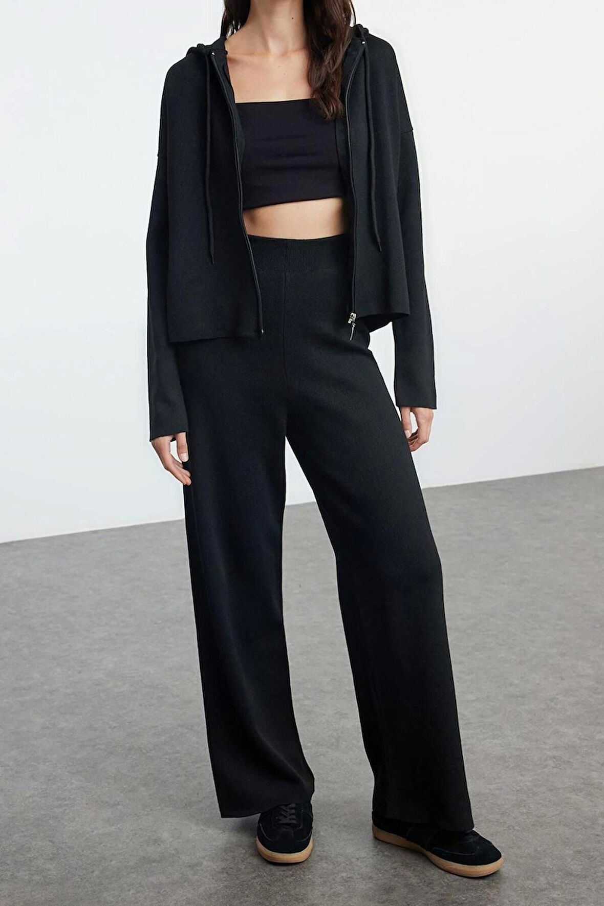 Kadın Moda Şık Regular Boy Uzun Kollu Kapüşonlu Triko Alt-Üst Takım