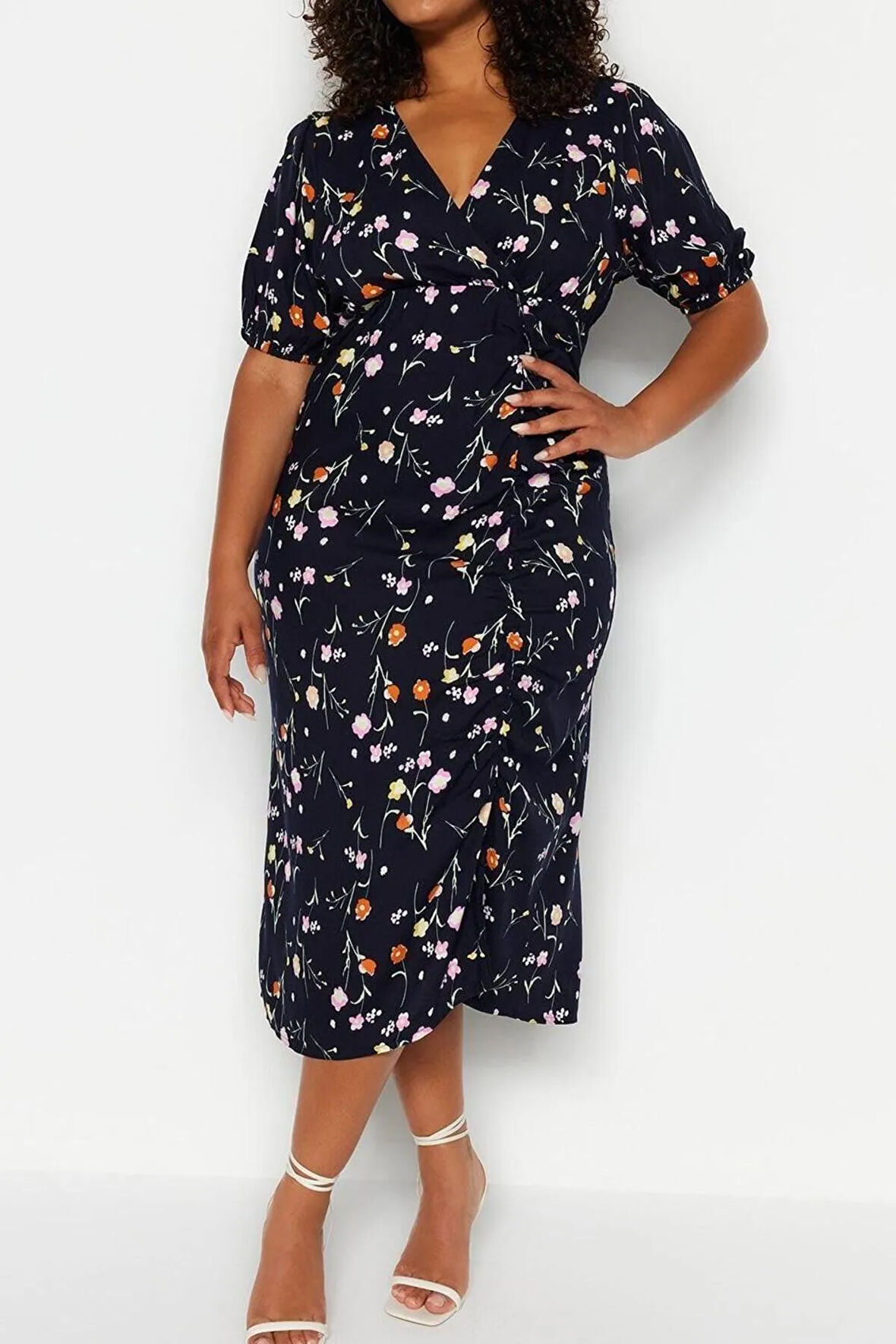 Yeni Rahat Casual Günlük Shally Dokuma Kruvaze Kısa Kol A-Line Midi Boy Büyük Beden Elbise