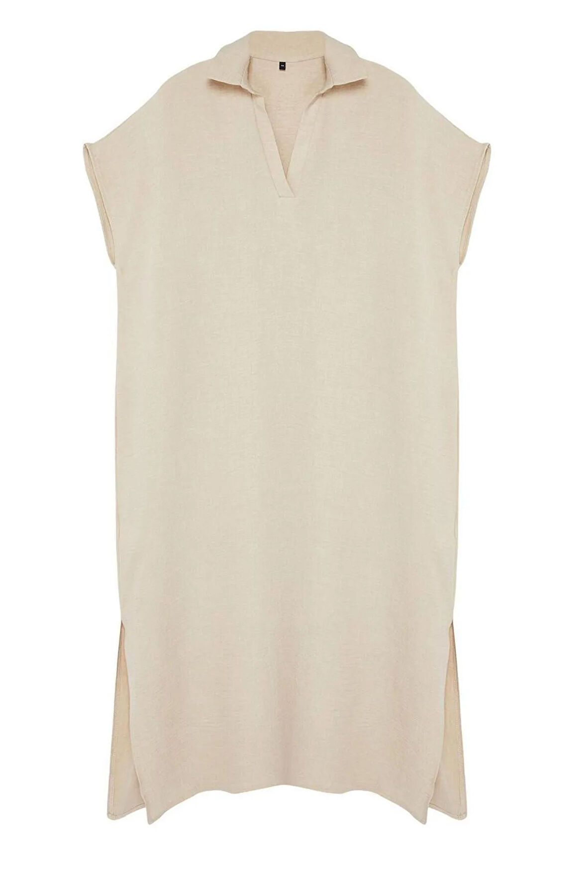 Yeni Oversize Günlük Keten Görünümlü Dokuma Gömlek Yaka Kısa Kol A-Line Midi Boy Büyük Beden Elbise