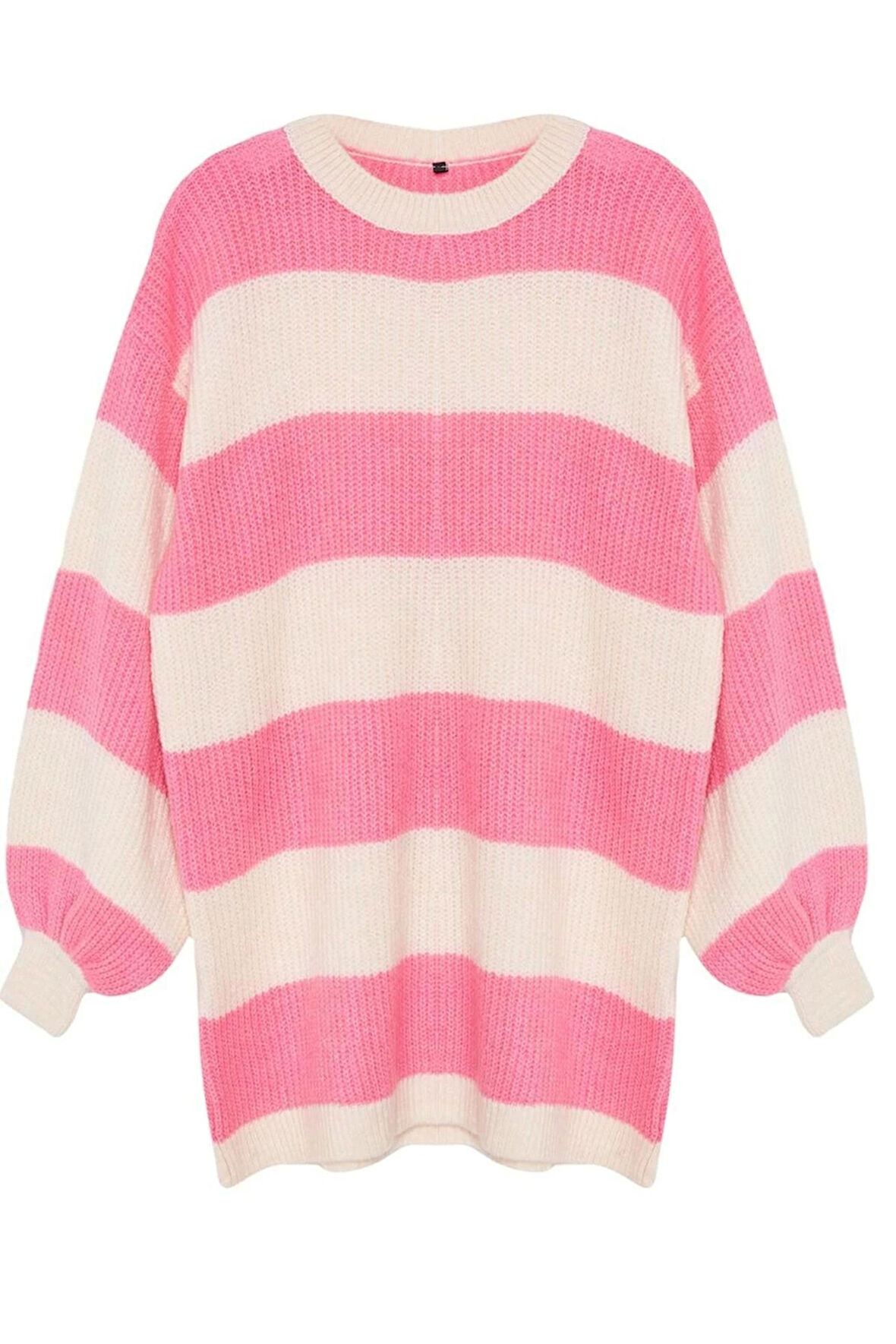 Kadın Tesettür Moda Regular Bisiklet Yaka Uzun Kol Çizgili Yumuşak Dokulu Selanik Örgü Triko Kazak