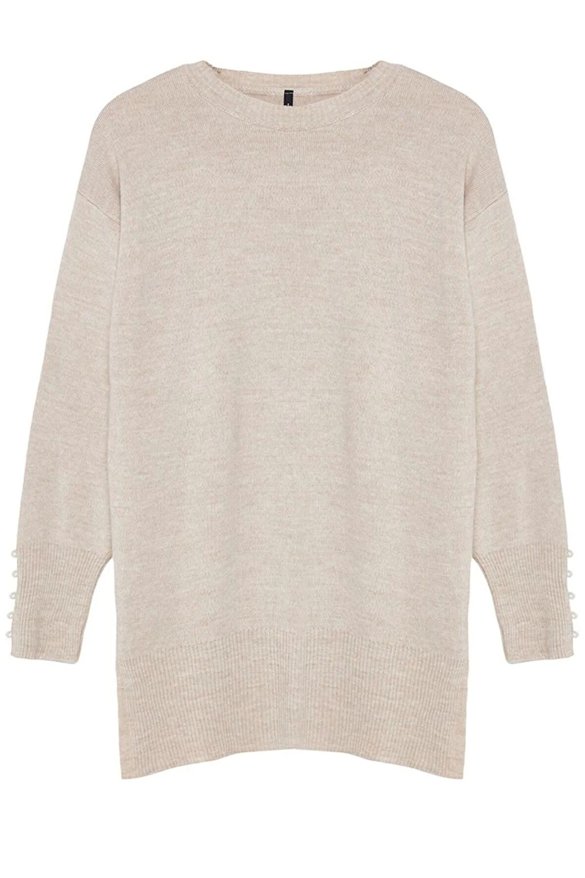 Kadın Tesettür Moda Şık Regular Bisiklet Yaka Uzun Kol Düz İnci Detaylı Triko Kazak