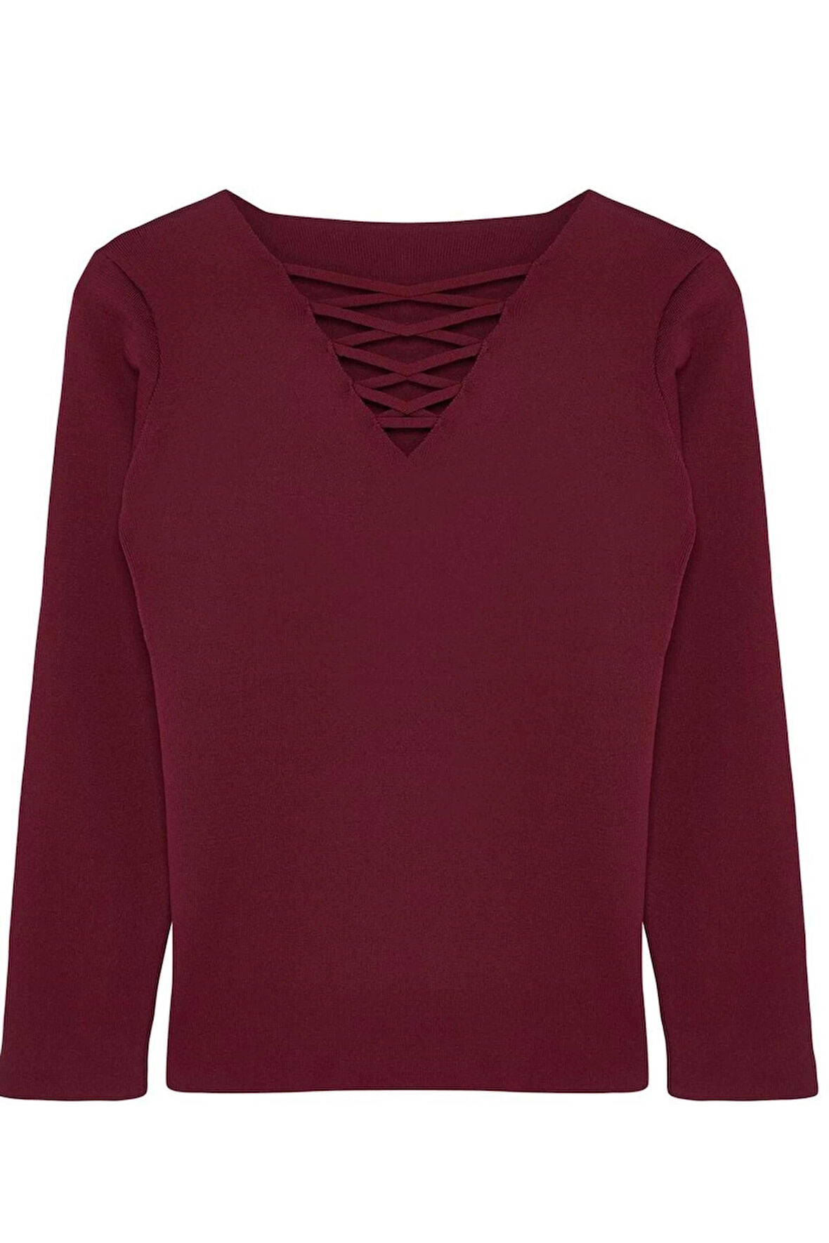 Kadın Büyük Beden Moda Şık Regular V Yaka Uzun Kol Düz Bordo Çapraz Britli Triko Kazak