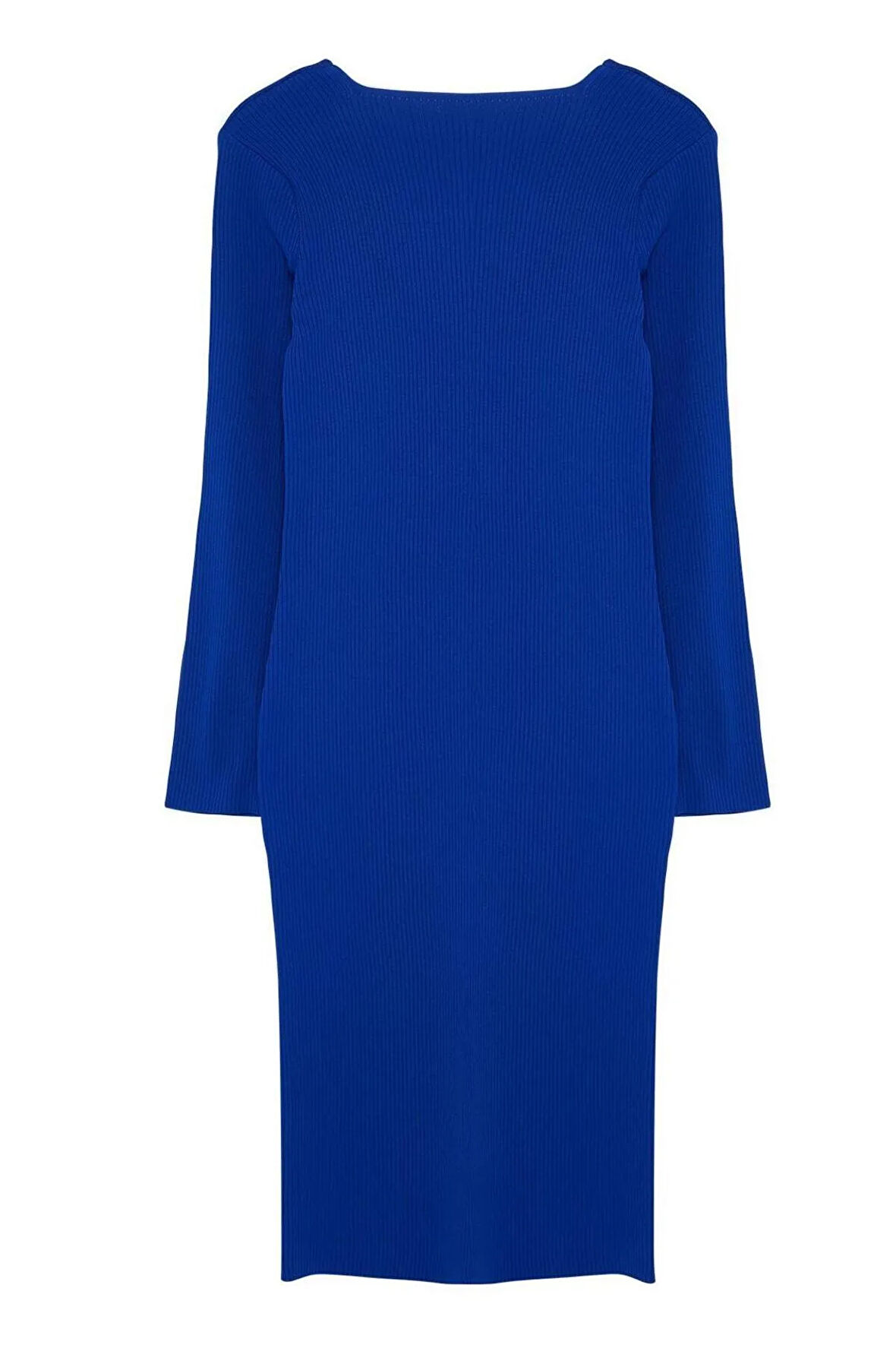 Yeni Fit Casual Günlük Fitilli Triko Kare Yaka Uzun Kol Bodycone Midi Boy Büyük Beden Elbise