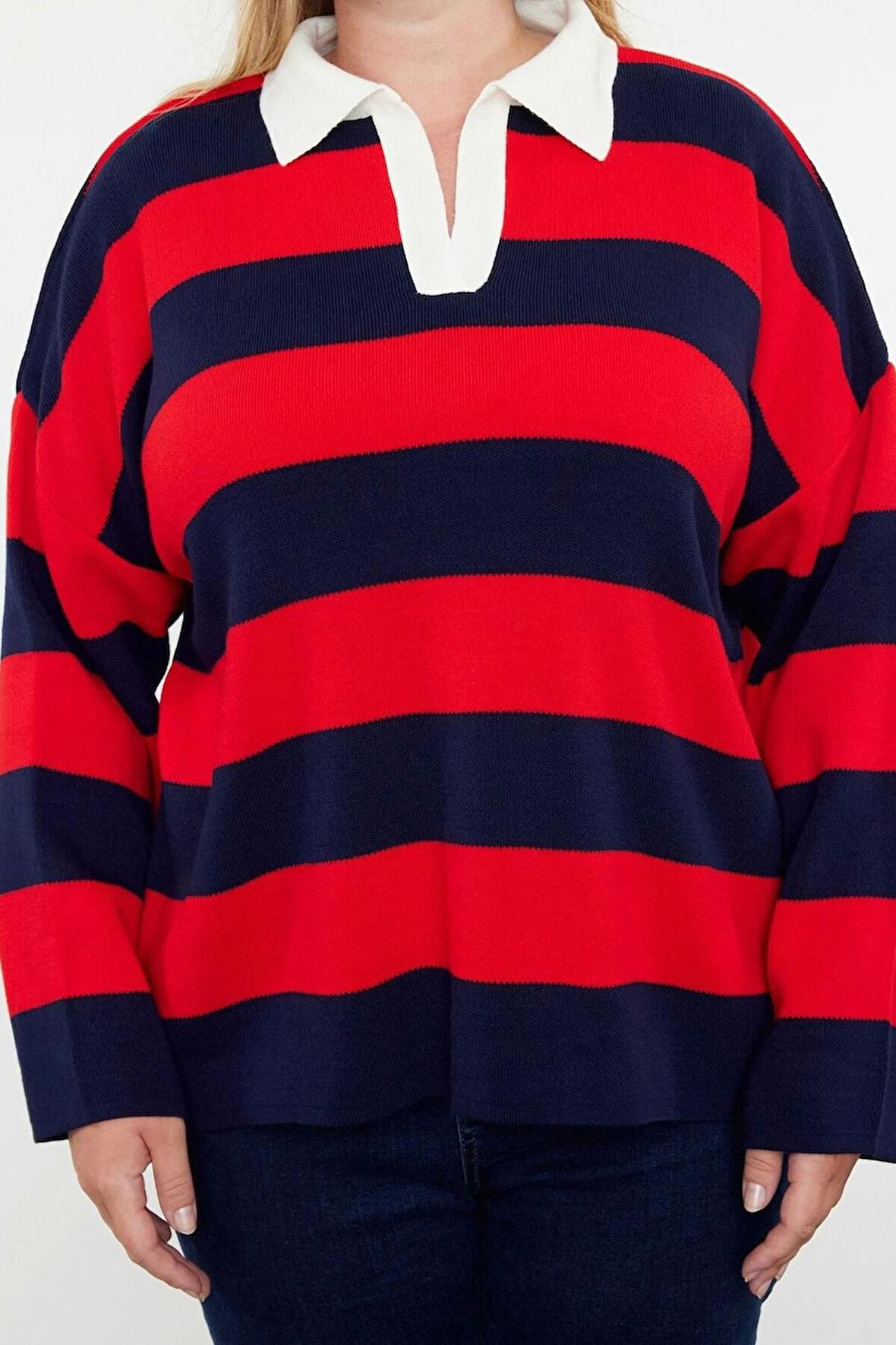 Kadın Büyük Beden Moda Şık Regular Polo Yaka Uzun Kol Çizgili Polo Yaka Triko Kazak