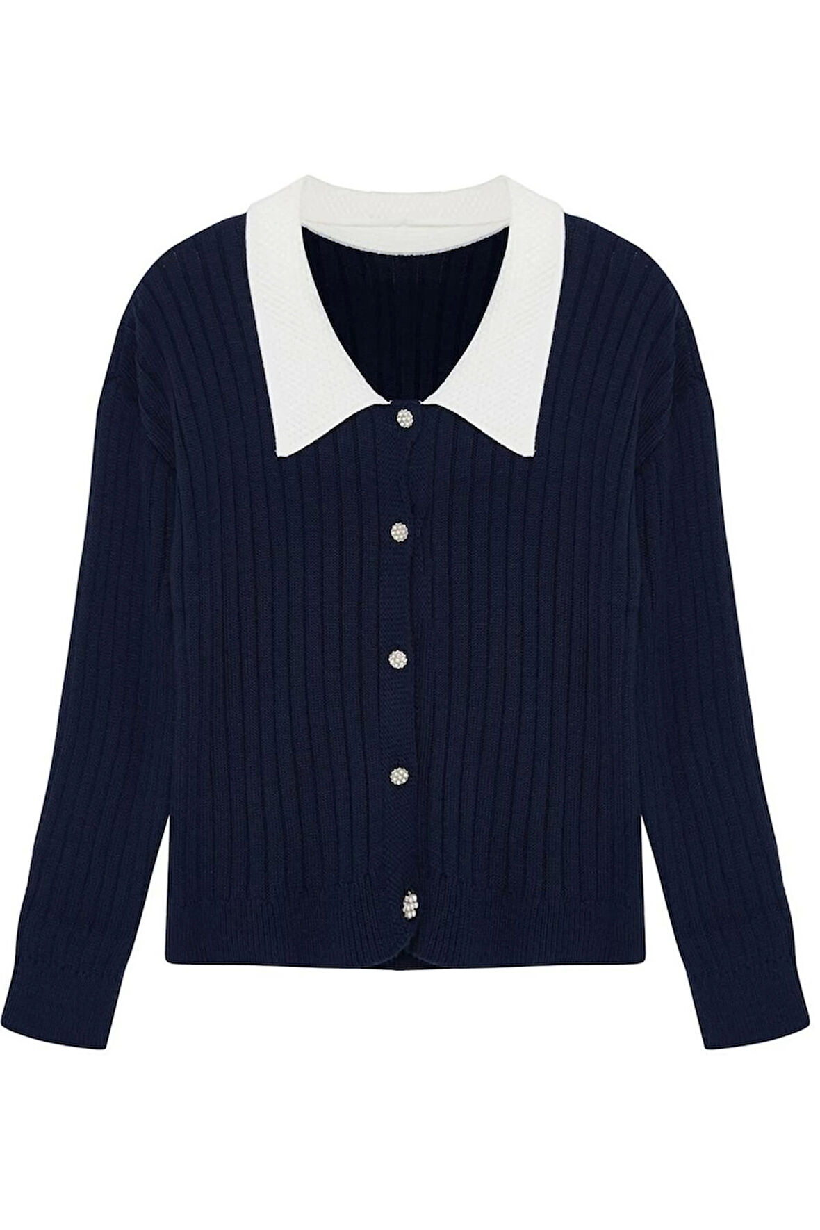 Kadın Büyük Beden Moda Şık Regular Gömlek Yaka Uzun Kol Düz Triko Hırka