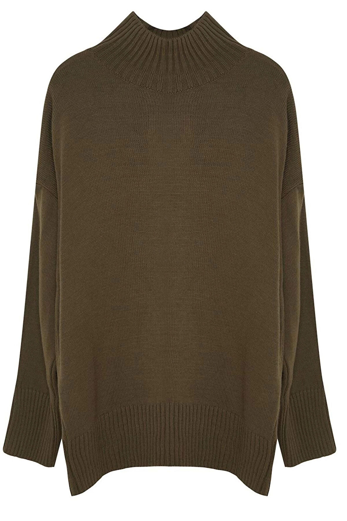 Kadın Büyük Beden Moda Şık Uzun Yarım Balıkçı Yaka Uzun Kol Düz Düşük Kol Triko Kazak