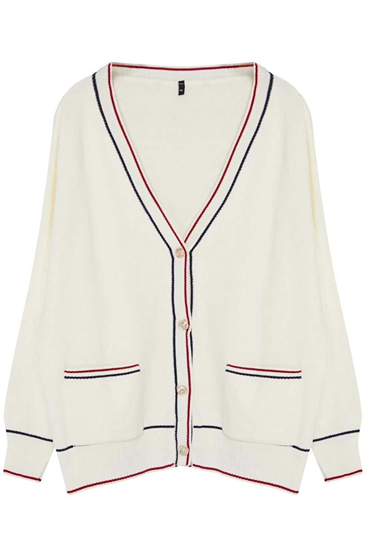 Kadın Büyük Beden Moda Şık Regular V Yaka Uzun Kol Çizgili Çizgi Detaylı Triko Hırka