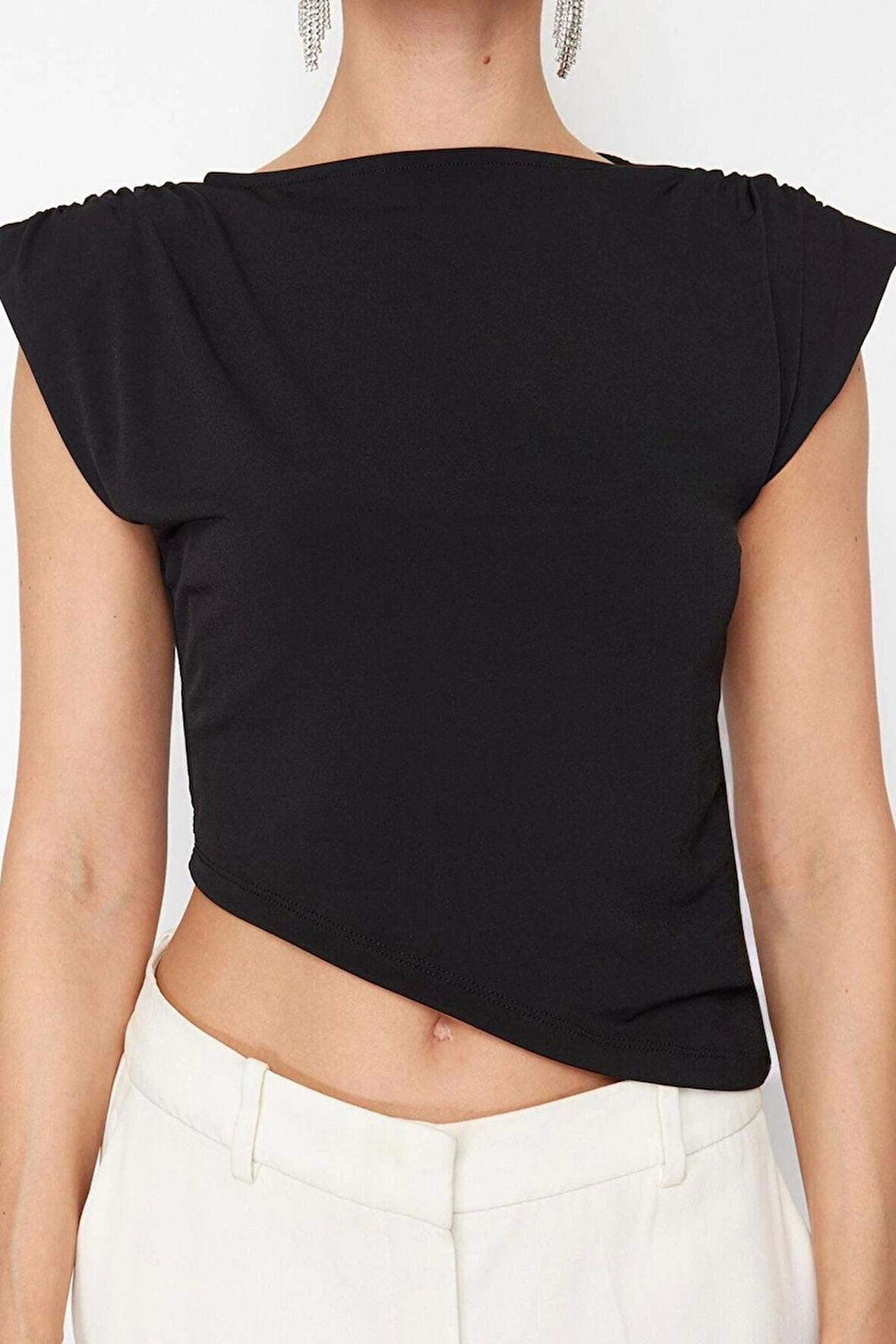 Kadın Moda Şık Üst Giyim Regular Kayık Yaka Fitted Kalıp Örme Asimetrik Vatkalı Bluz