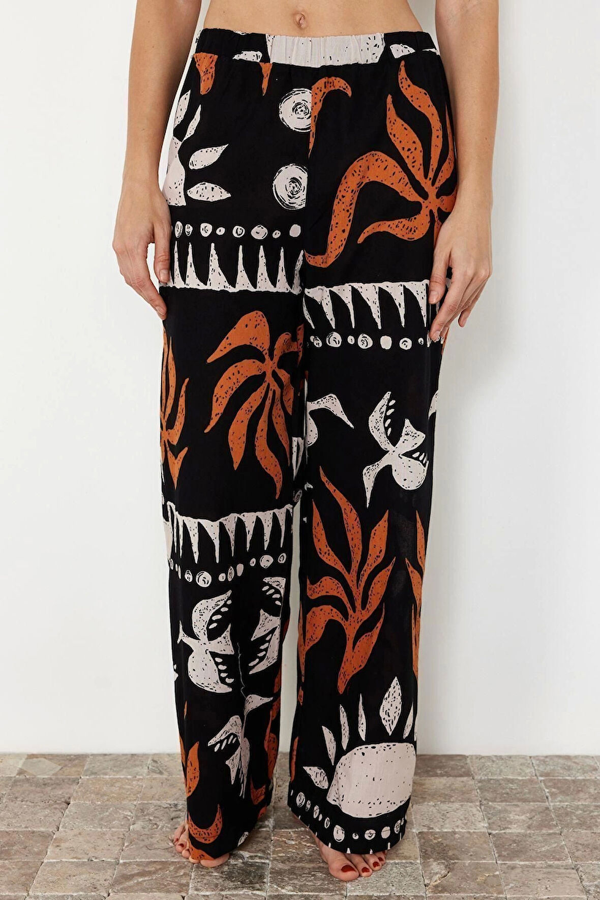 Kadın Yeni Moda Boru Paça Uzun Boy Dokuma Soyut Desenli %100 Pamuklu Pantolon