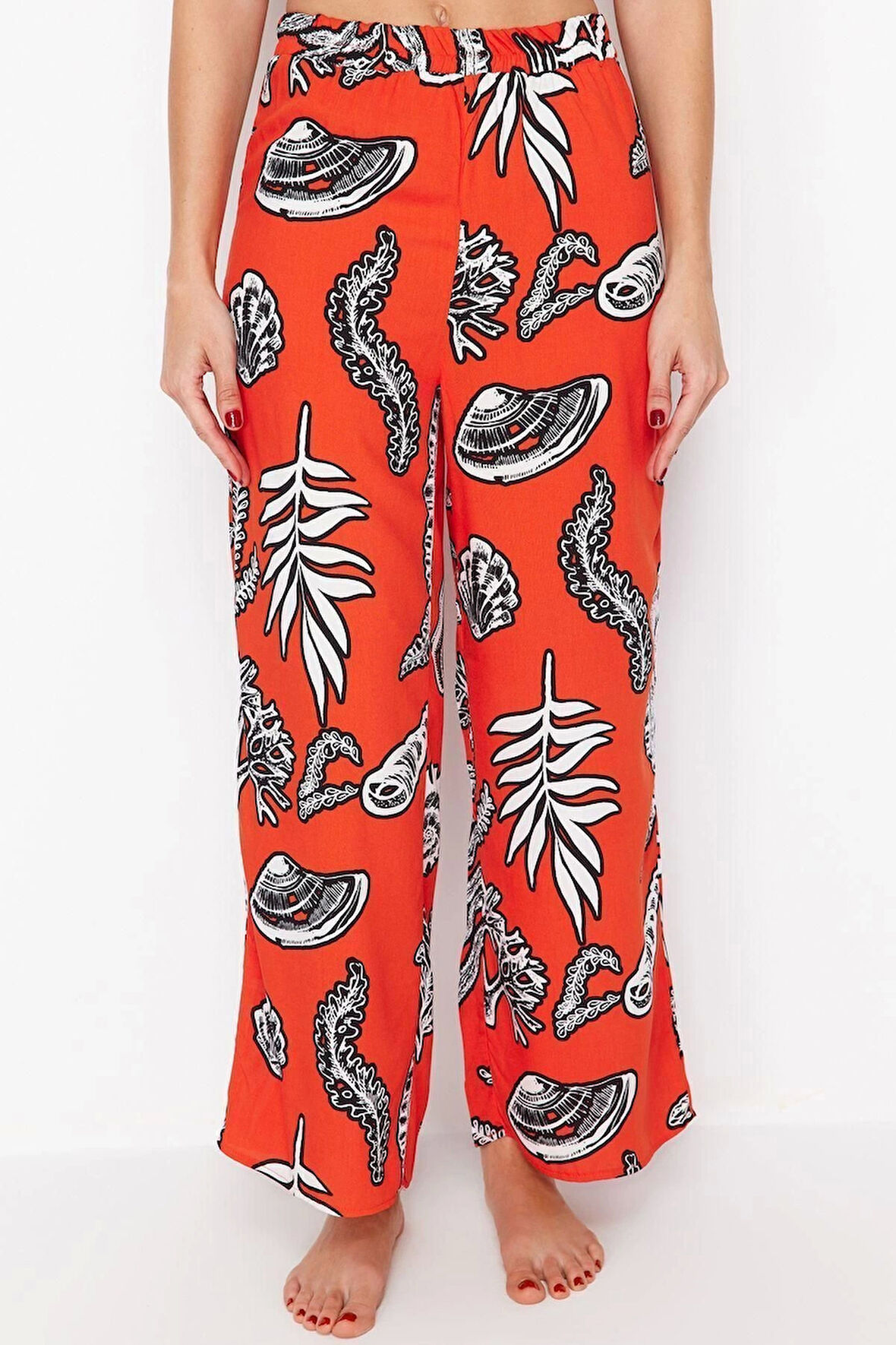 Kadın Yeni Moda İspanyol Paça Regular Boy Dokuma Çiçek Desenli Pantolon