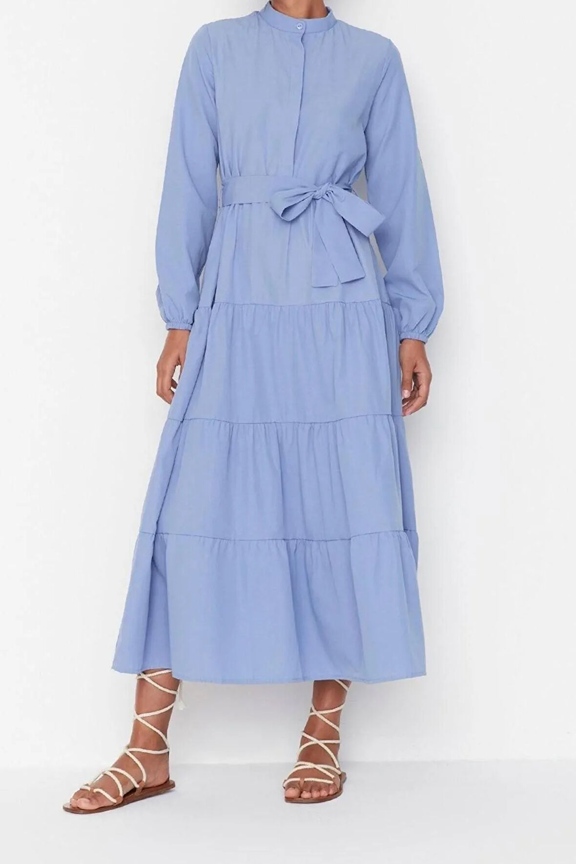 Yeni Rahat Casual Günlük Terrycotton Dokuma Dik Yaka Uzun Kol Basic Maxi Boy Tesettür Elbise