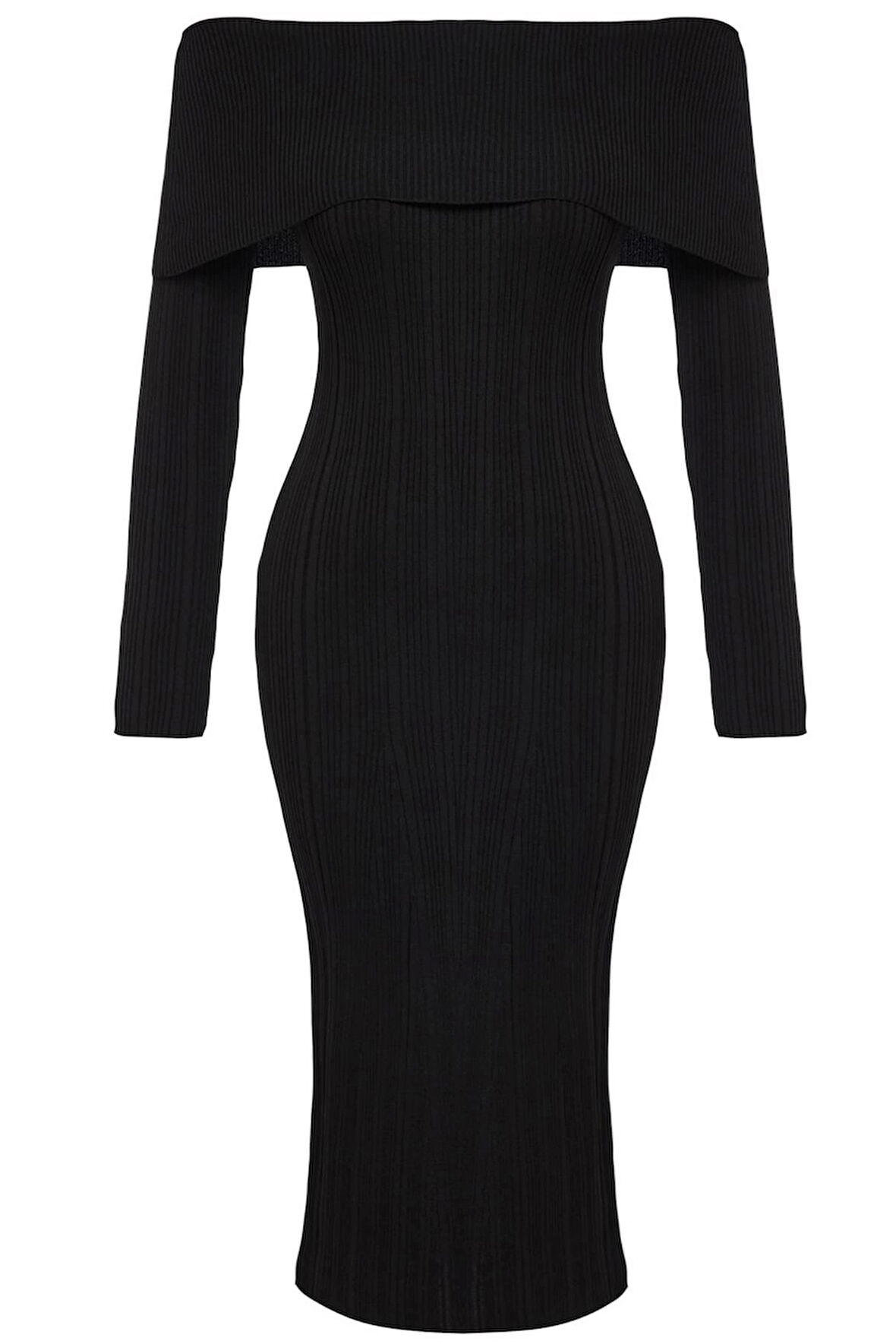 Kadın Moda Şık Midi Boy Carmen Yaka Regular Triko Basic Elbise