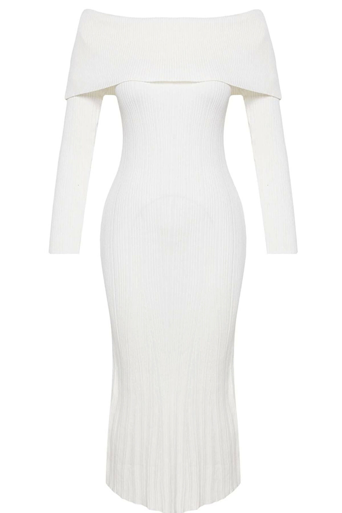 Kadın Moda Şık Midi Boy Carmen Yaka Regular Triko Basic Elbise