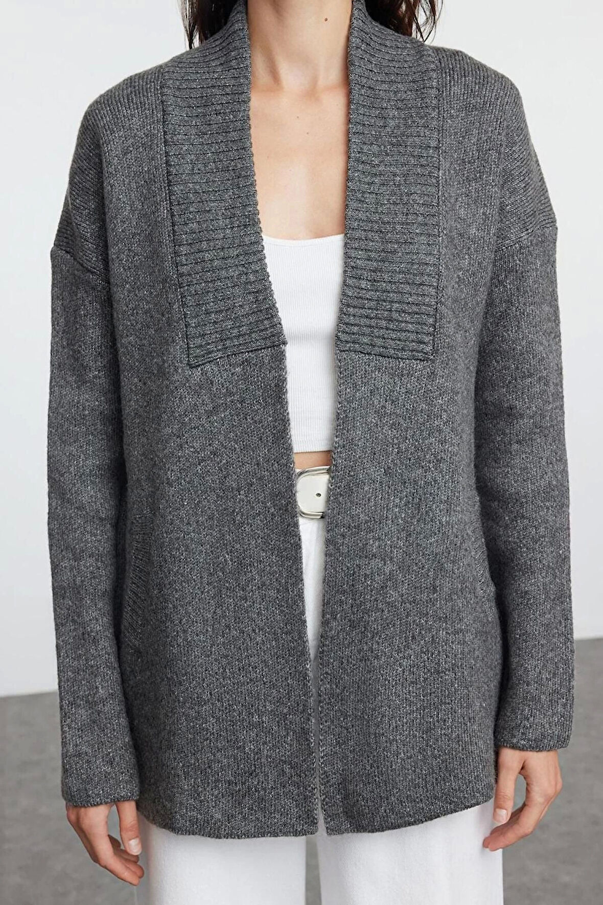 Kadın Moda Şık Midi Şal Yaka Oversize Geniş Kalıp Yumuşak Dokulu Triko Hırka