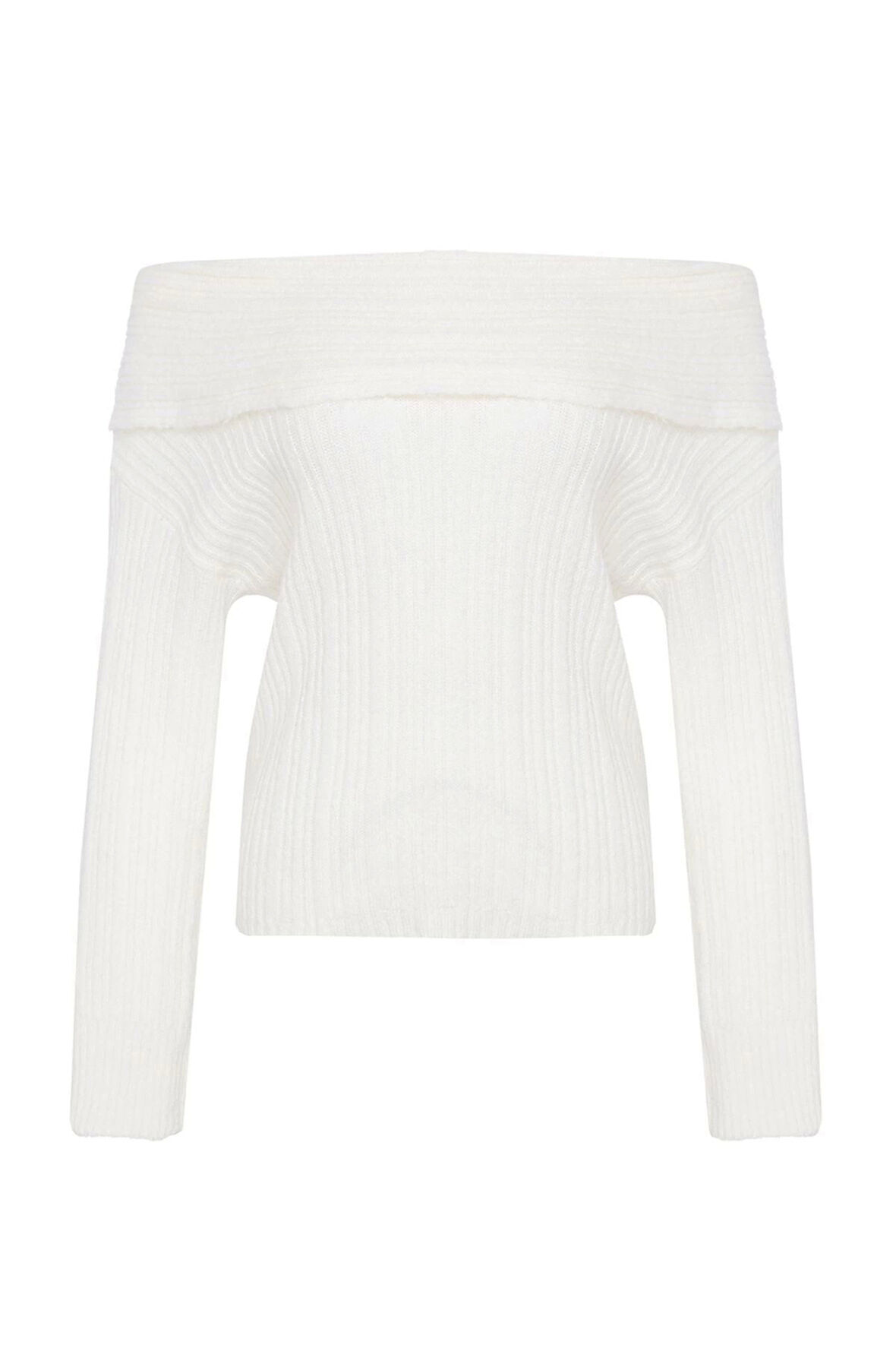 Kadın Moda Şık Carmen Yaka Standart Kol Regular Yumuşak Dokulu Triko Kazak