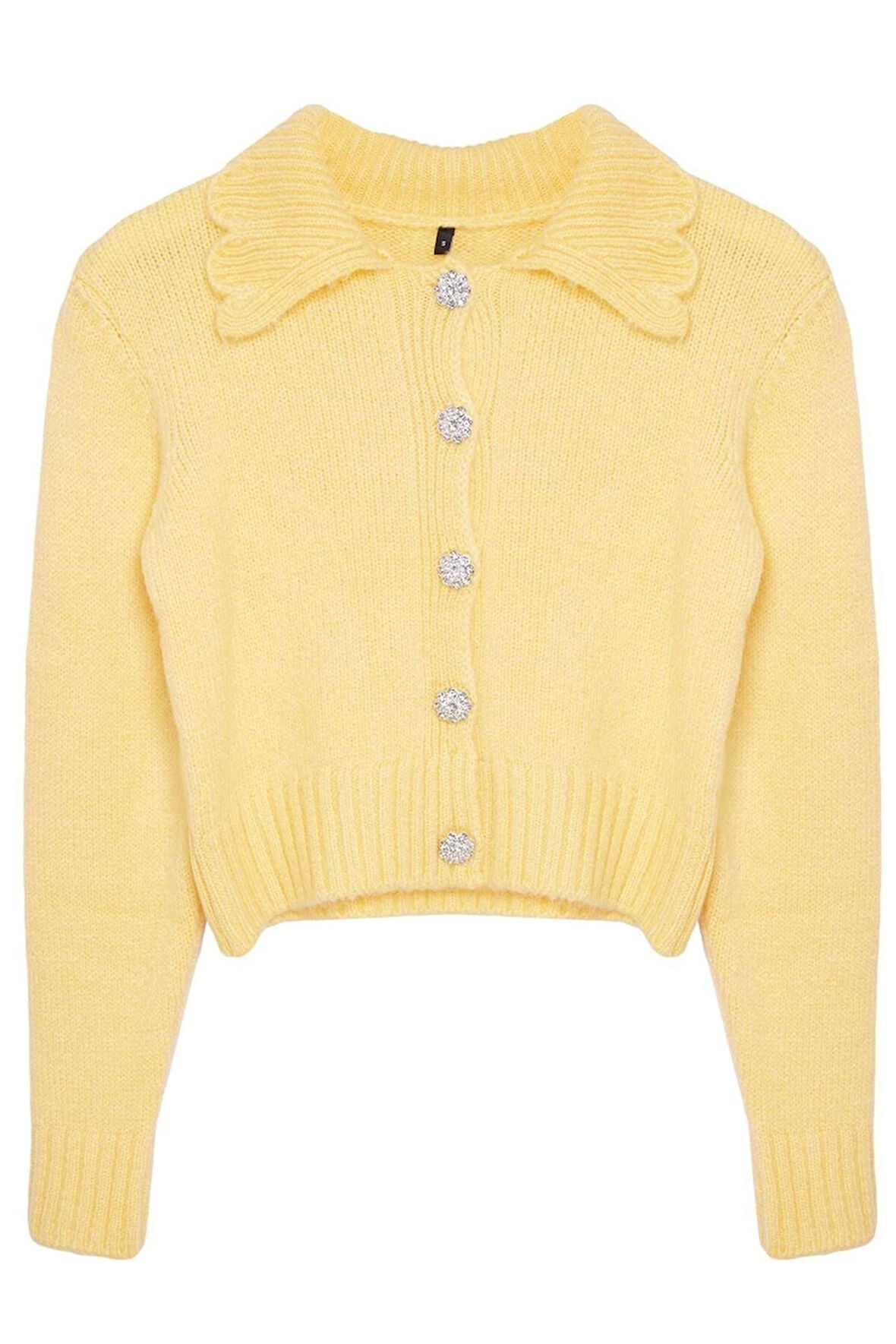 Kadın Moda Şık Crop Polo Yaka Regular Crop Yumuşak Dokulu Mücevher Düğmeli Triko Hırka