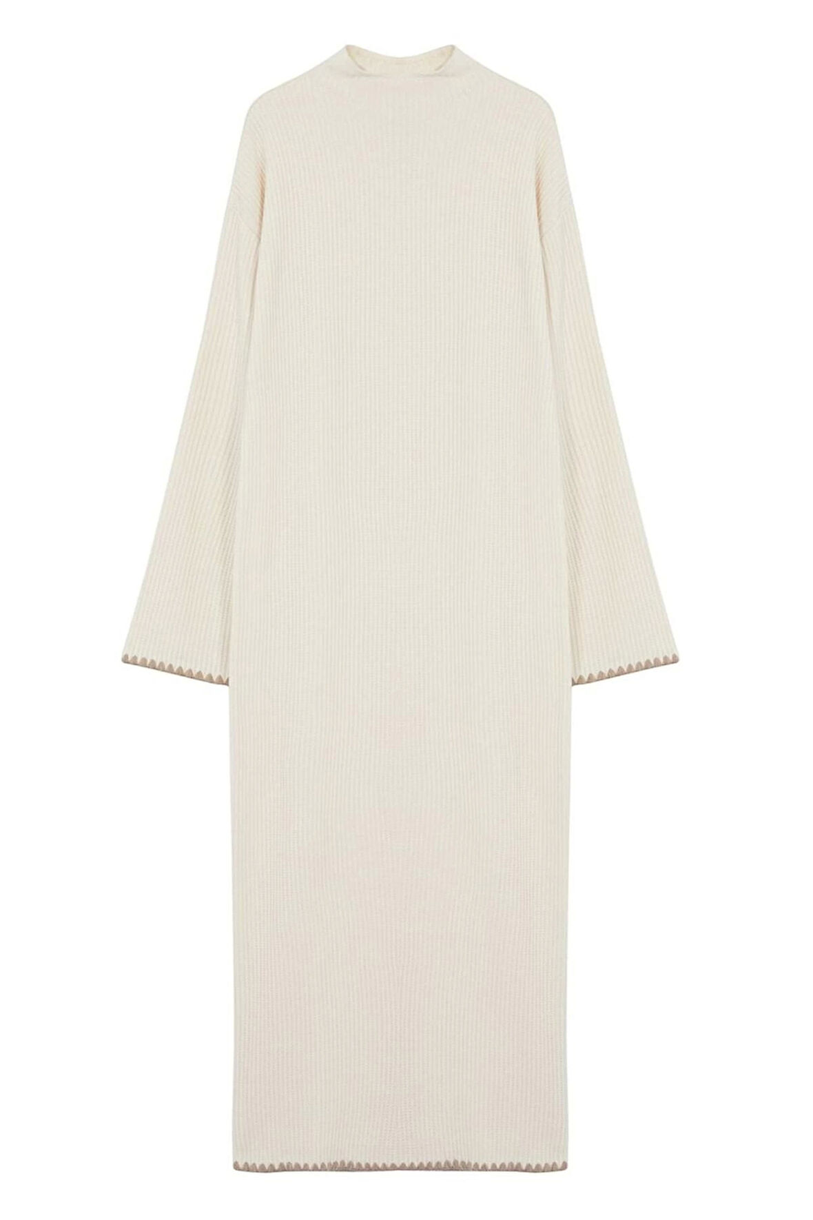 Kadın Moda Şık Tesettür Maxi Boy Bisiklet Yaka Relaxed Dikiş Detaylı Uzun Triko Elbise